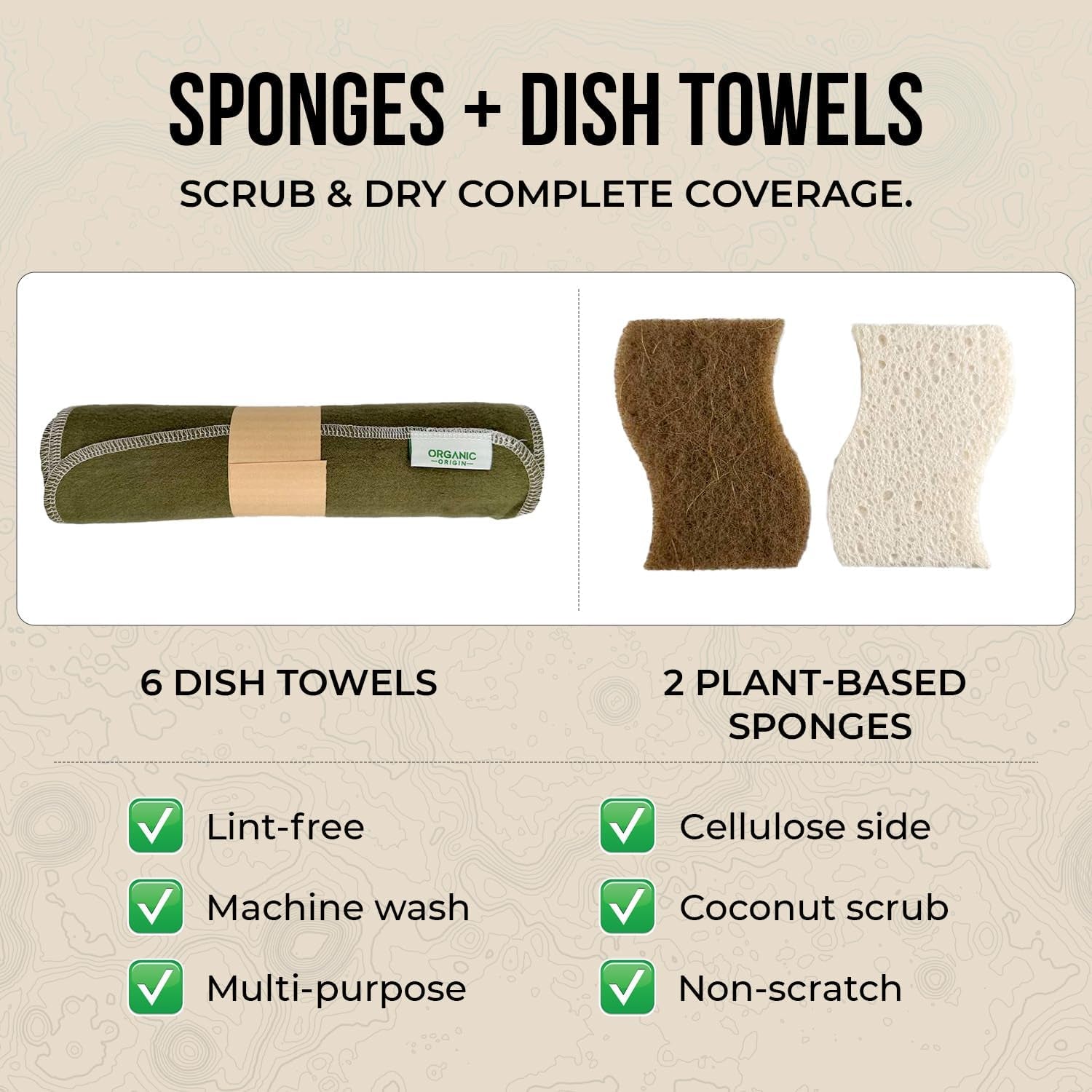 Organic Origin Kitchen Cleaning Supplies Kit - 14 Piece Set with Reusable Paper Towels, Plant-Based Sponges, Swedish Dishcloths, Dish Towels, Cleaner Tablets & Spray Bottle Cleaning Essentials