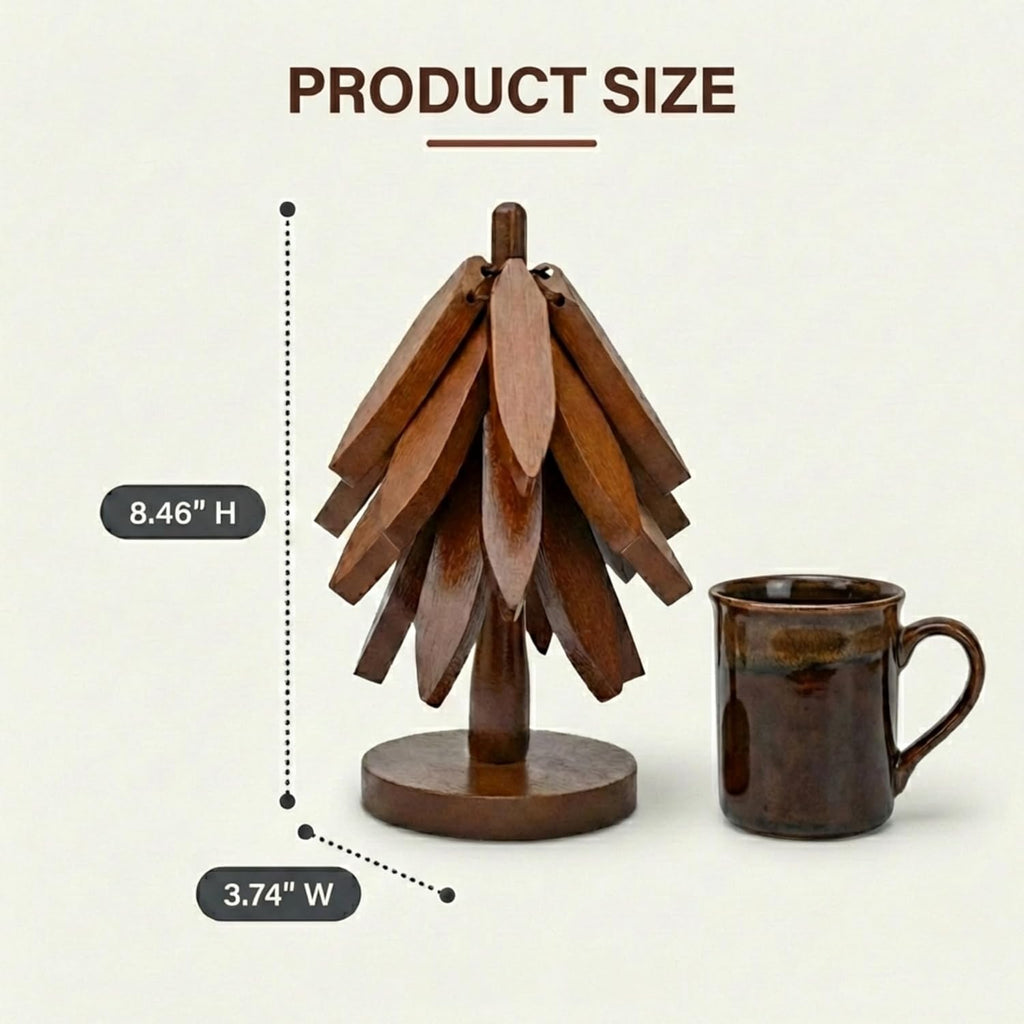 Wooden Trivets for Hot Dishes – Tree Trivet Set with 4 Foldable Wooden Trivets & 1 Stand, Heat-Resistant, Space-Saving Trivet Tree for Pots, Bowls & Teapots (Walnut)