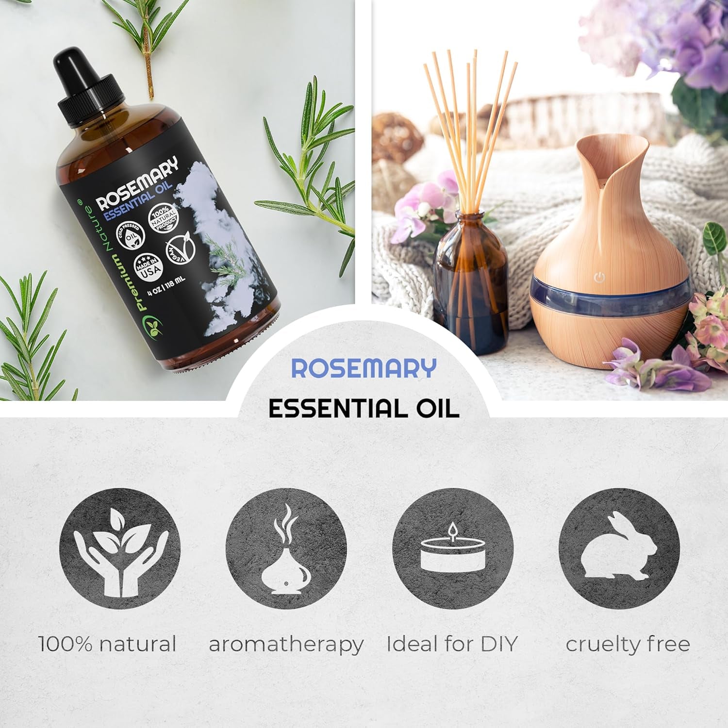 Rosemary Essential Oil for Diffuser Aromatherapy for Skin for Hair Growth Diffuser Oil for Body Oils Aceite De Romero 4Oz