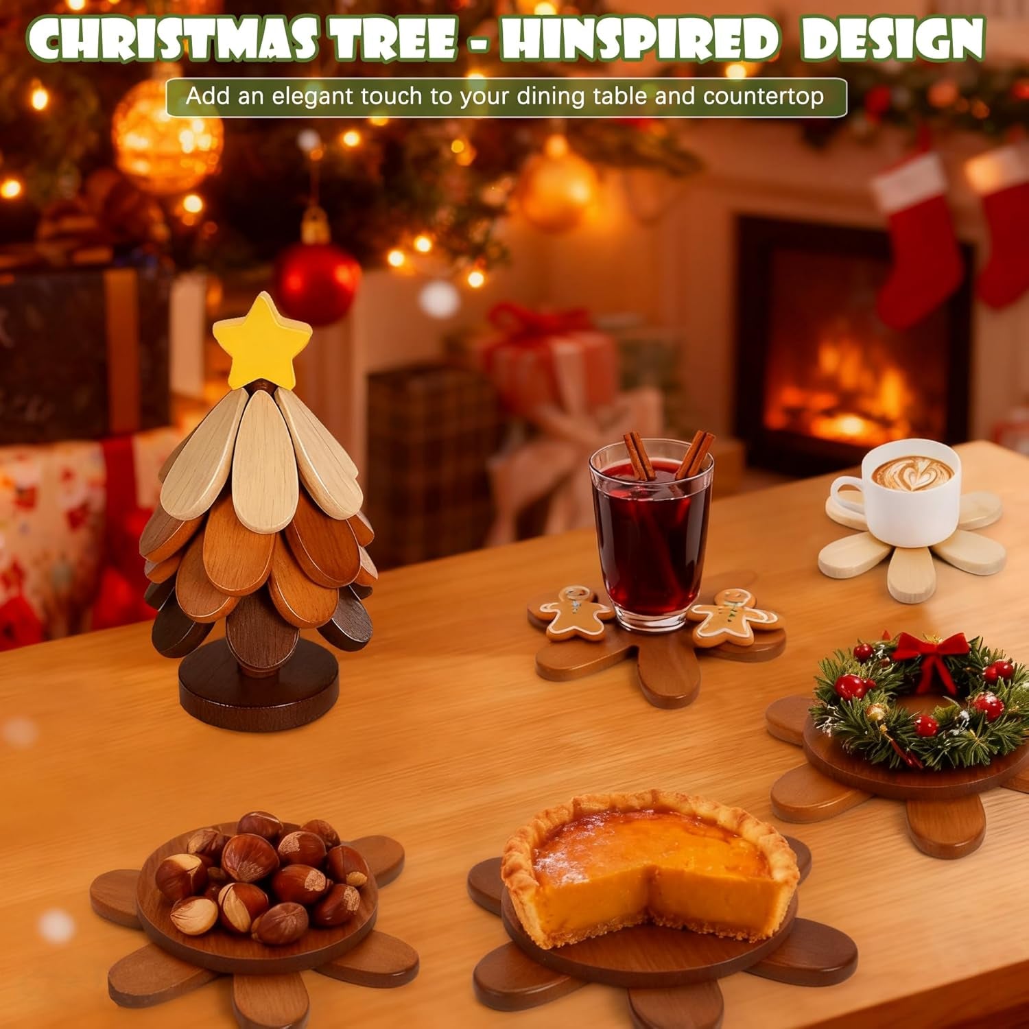 Wooden Christmas Tree Trivet Set of 5 + Stand, Foldable Heat Resistant Wood Mats for Hot Dishes & Pots, Decorative Kitchen Table Countertop Protector, Holiday Home Decor & Housewarming Gift