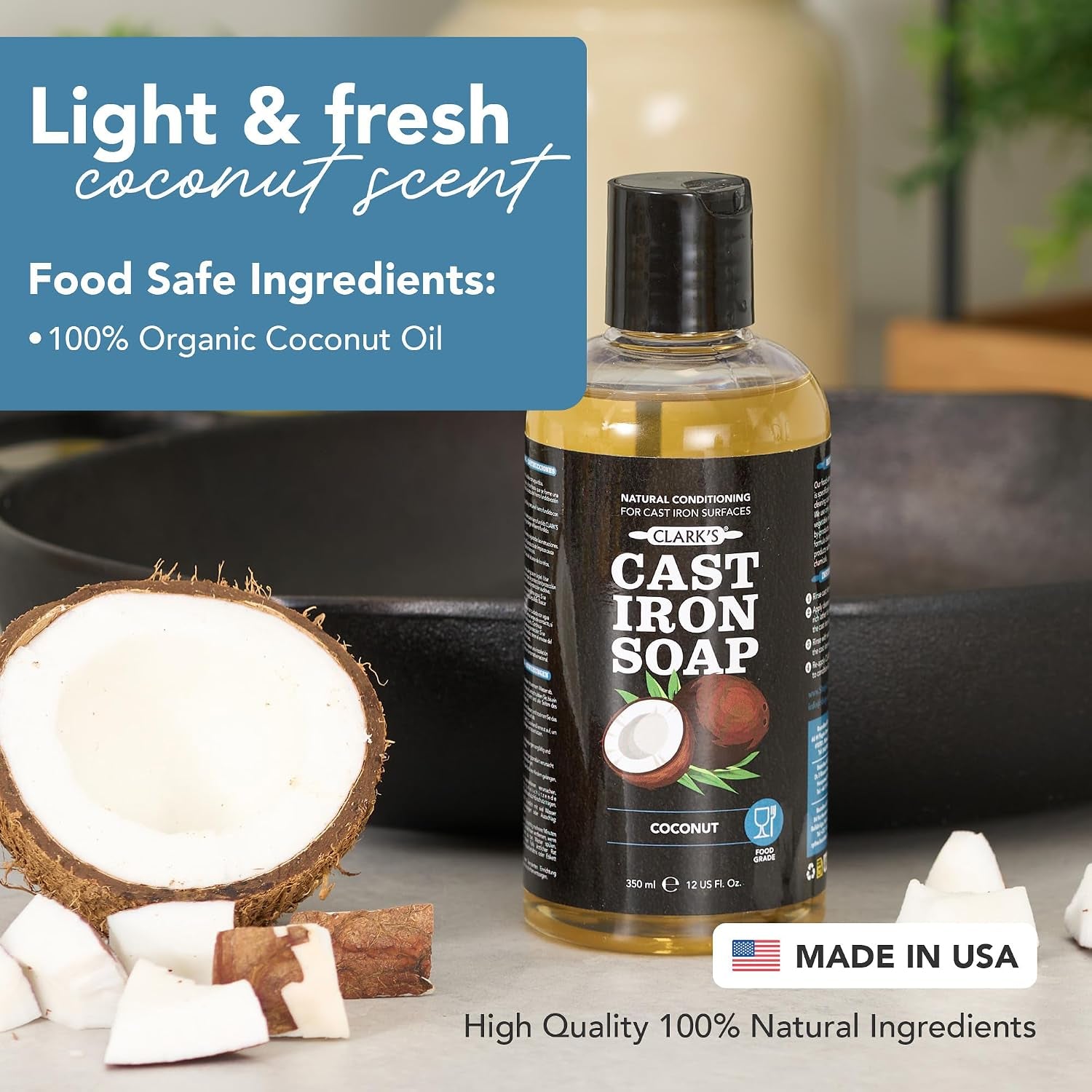 Cast Iron Cleaner 12 Oz, Made in USA, Plant Based Coconut Cast Iron Soap for Skillets, Griddles Etc. - Protects, and Restores Cookware