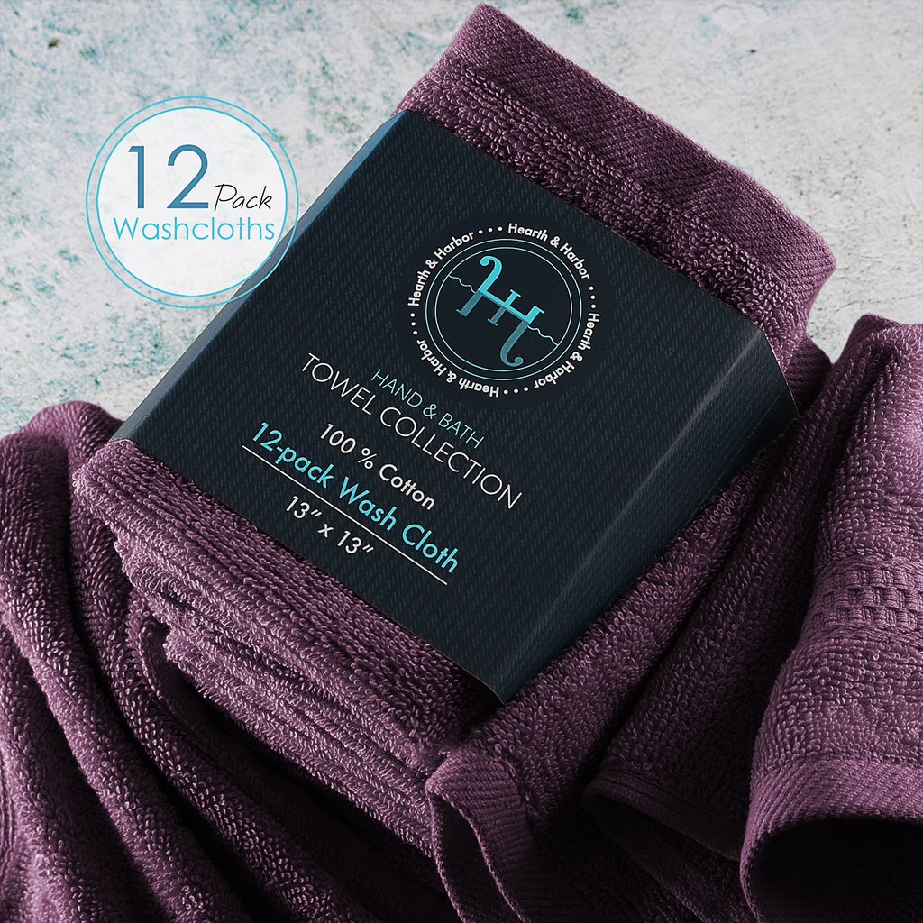 Bath Towel Collection, 100% Cotton Luxury Set of 12 Multipurpose Wash Cloths - Purple