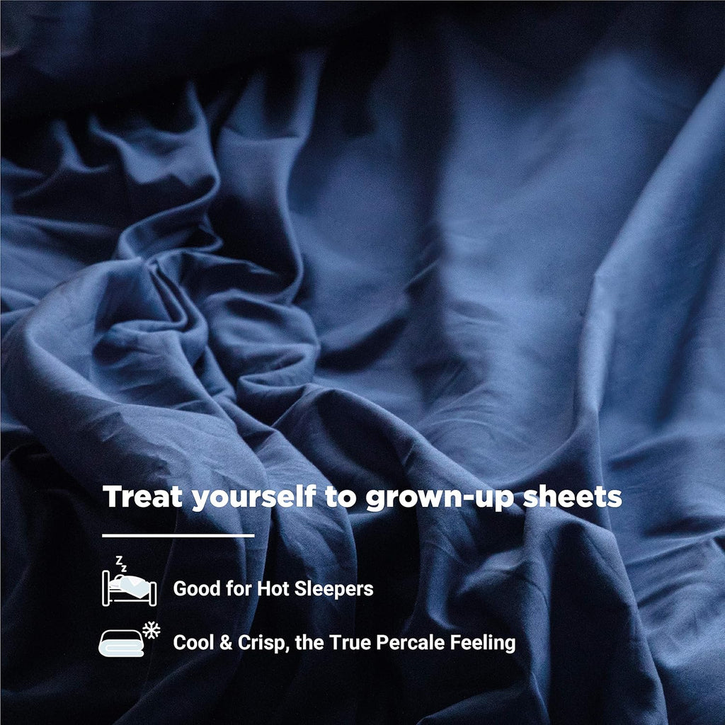 100% Organic Cotton Percale Weave Full Size Sheet Set, 300 TC, GOTS Certified, Cool & Crisp, Breathable, Fits Mattresses up to 17" Deep, Durable Luxury – Dark Blue