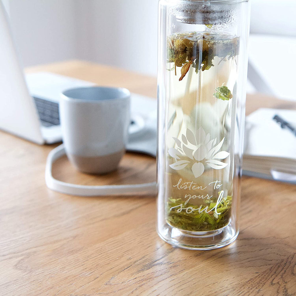 Double-Walled Glass Tea Tumbler with Infuser and Strainer 15Oz - Perfect for Loose Leaf Tea, Cold or Hot Water Bottle, Fruit Drinks - Comes with Travel Sleeve and Cozy