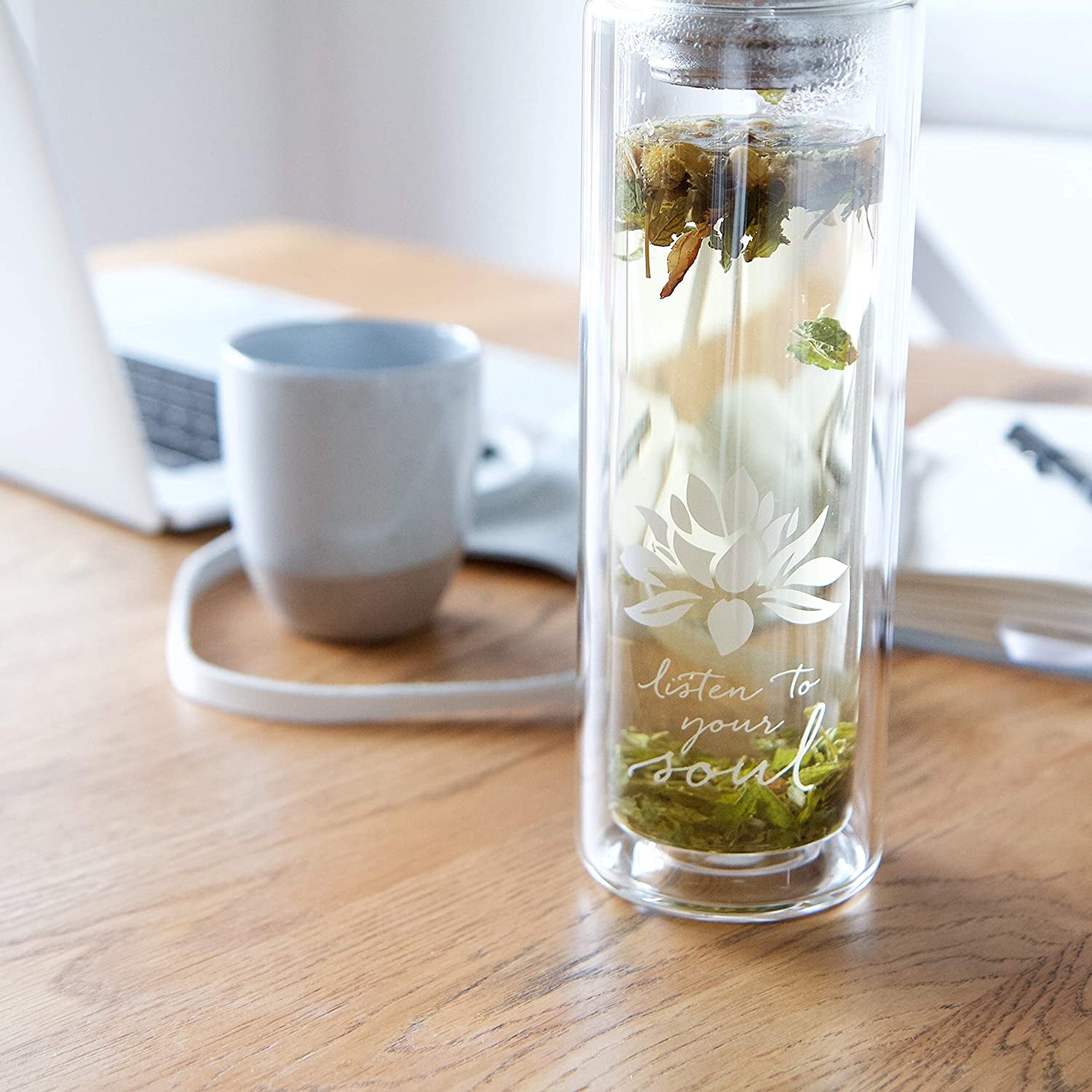 Double-Walled Glass Tea Tumbler with Infuser and Strainer 15Oz - Perfect for Loose Leaf Tea, Cold or Hot Water Bottle, Fruit Drinks - Comes with Travel Sleeve and Cozy