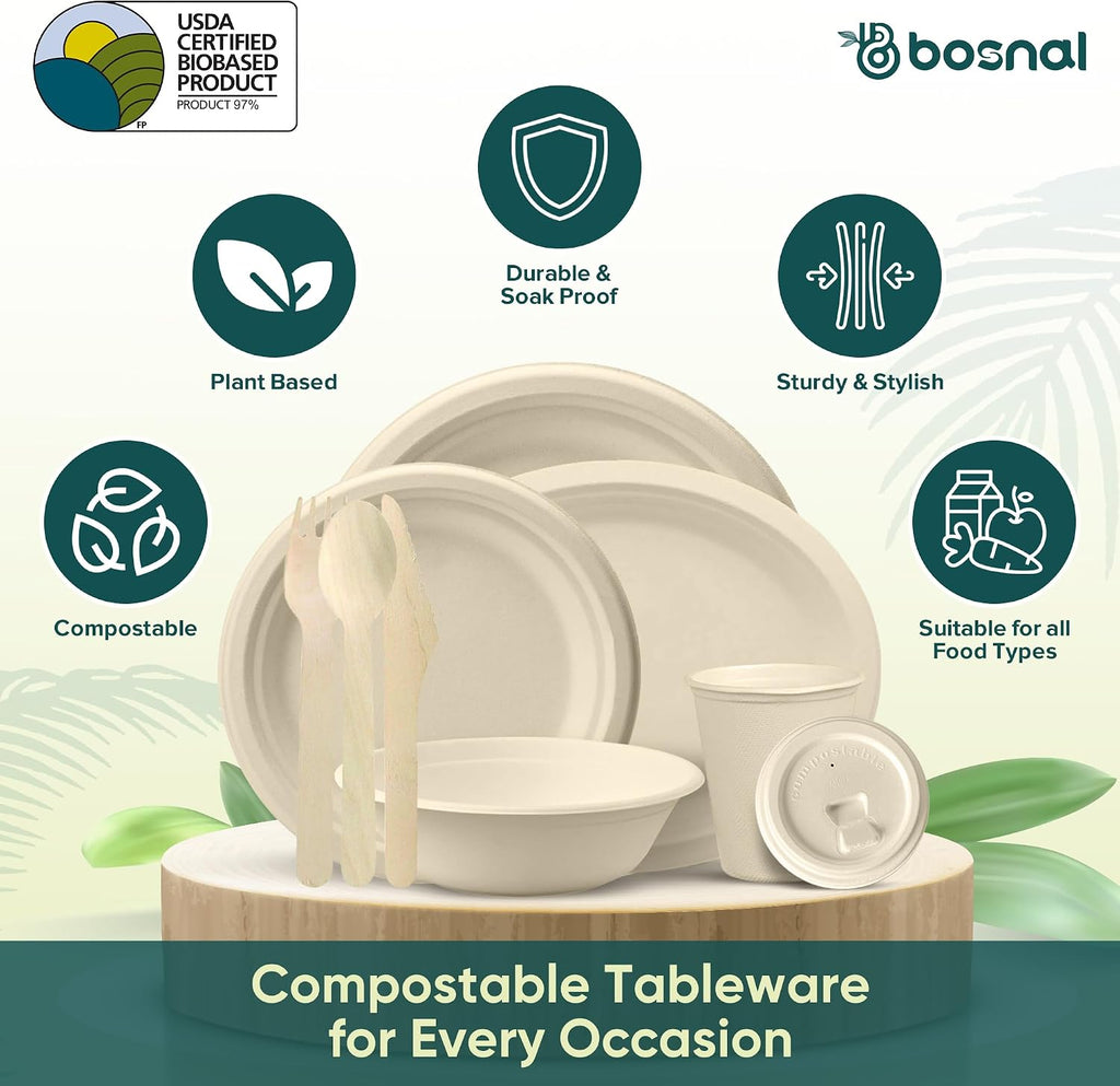10 Inch & 7 Inch round Plates, 10 Inch Oval Plates, 32 Oz Bowls & 8 Oz Cups with Lidss & Cutlery – 100% Plant-Based Bagasse, Eco-Friendly, Compostable, Microwave Safe, Durable Dinnerware Set