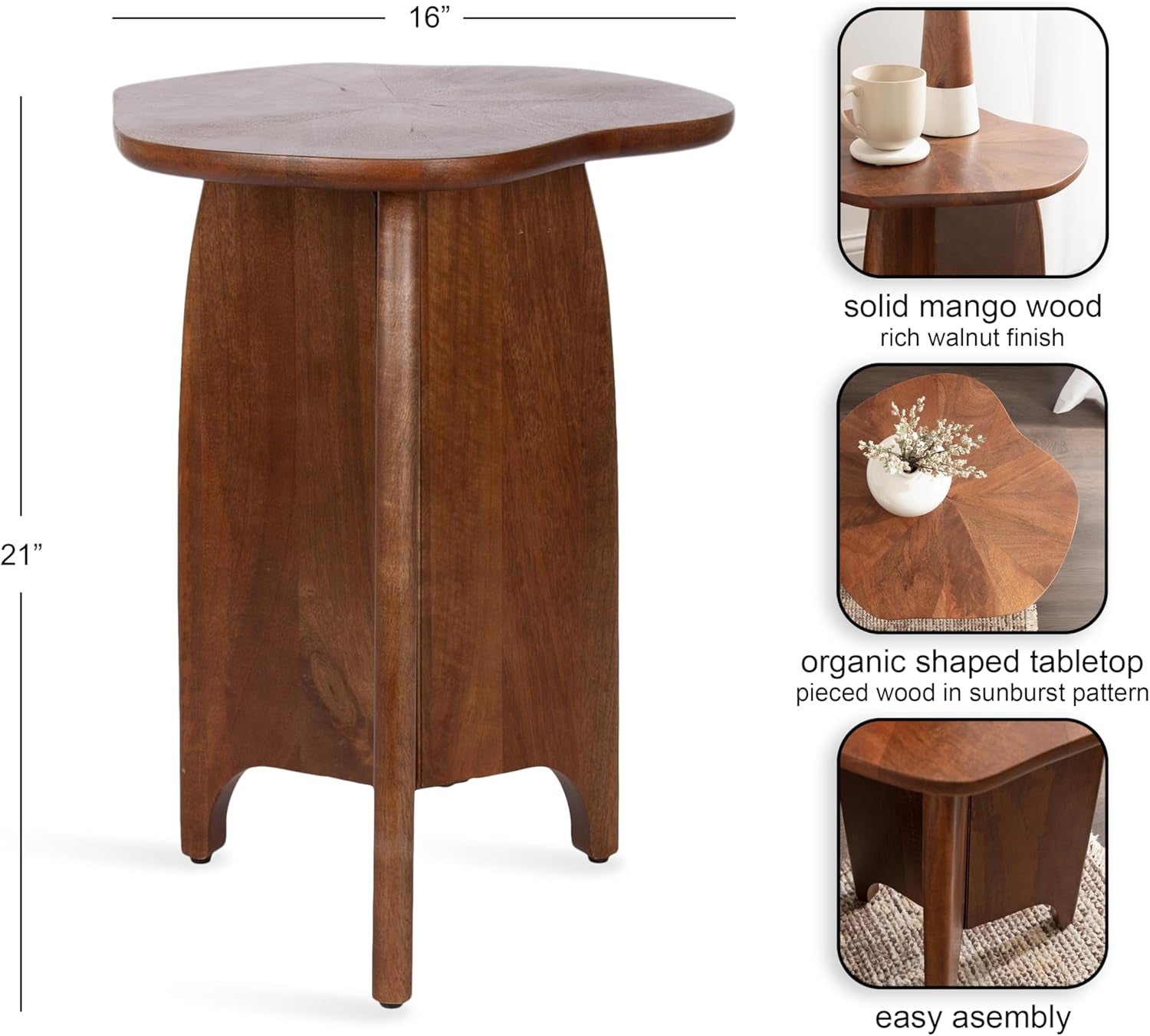 Kanna Modern Wavy Pieced Mango Wood round Side Table, 16 X 16 X 21, Walnut Brown, Mid-Century Scalloped Wooden End Table for Bedroom Nightstand or Living Room Plant Stand Indoors