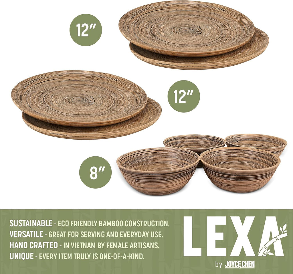 8-Piece Handcrafted Bamboo Plate & Bowl Set, Four 12” Serving Plates and Four 8” Bowls, Spun Bamboo Dinnerware for Everyday Meals, Entertaining & Home Décor (Black)