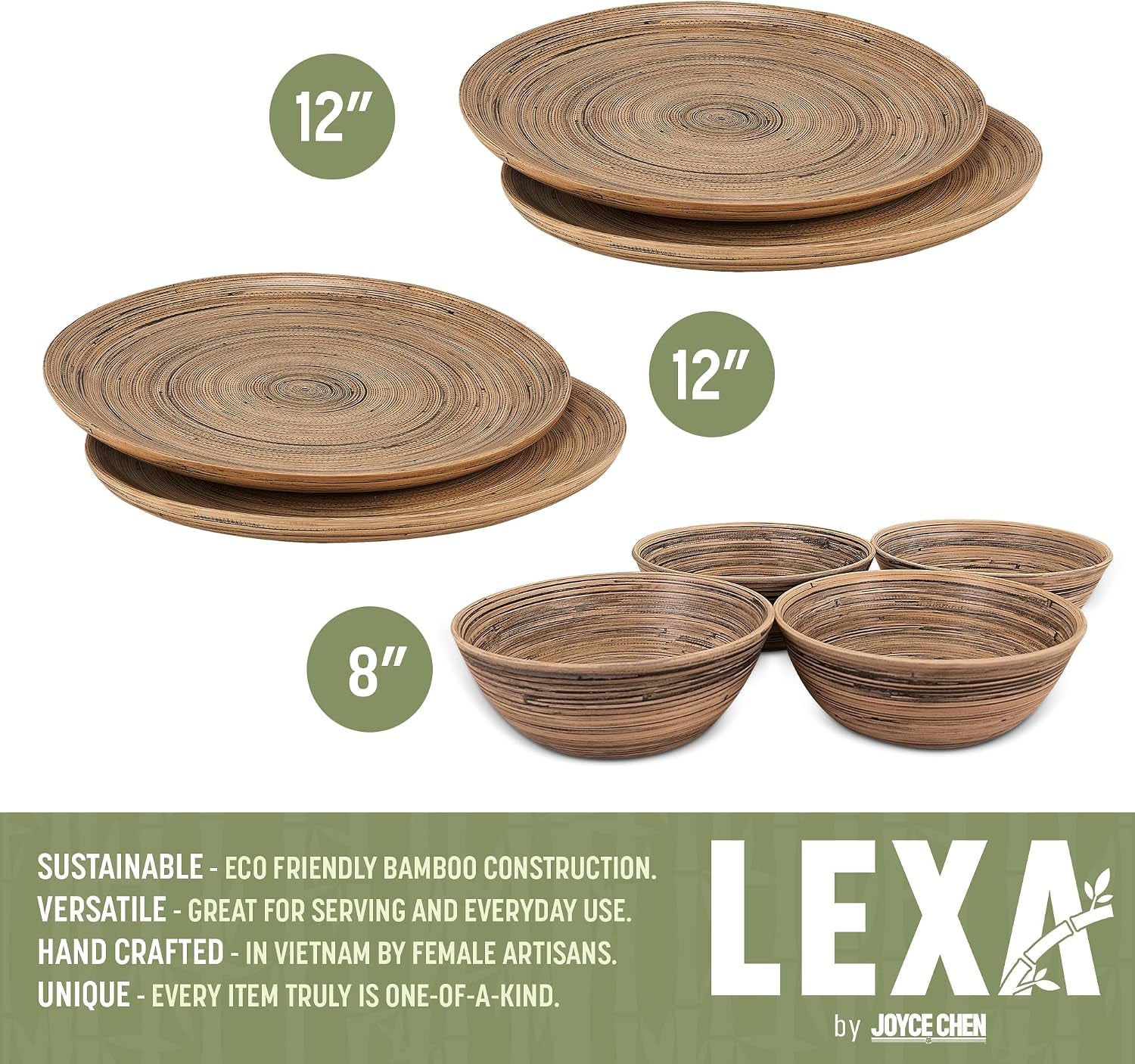 8-Piece Handcrafted Bamboo Plate & Bowl Set, Four 12” Serving Plates and Four 8” Bowls, Spun Bamboo Dinnerware for Everyday Meals, Entertaining & Home Décor (Black)