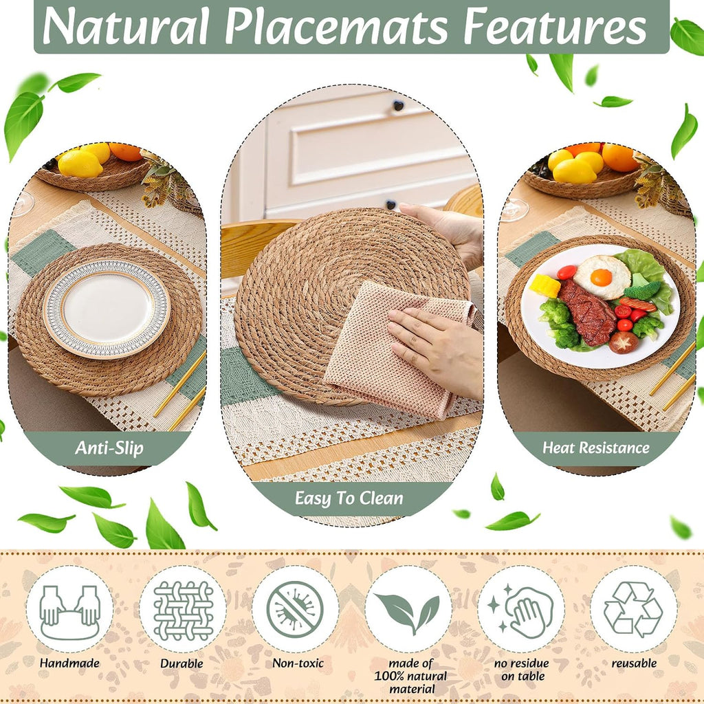 Boho Placemats 4/6/8 Set of round Woven Placemat Macrame Style Bicolor Stitching Long Table Runner Farmhouse Rustic Natural Burlap Cotton for Kitchen Dining Table(6 Sets,Green,12X72)