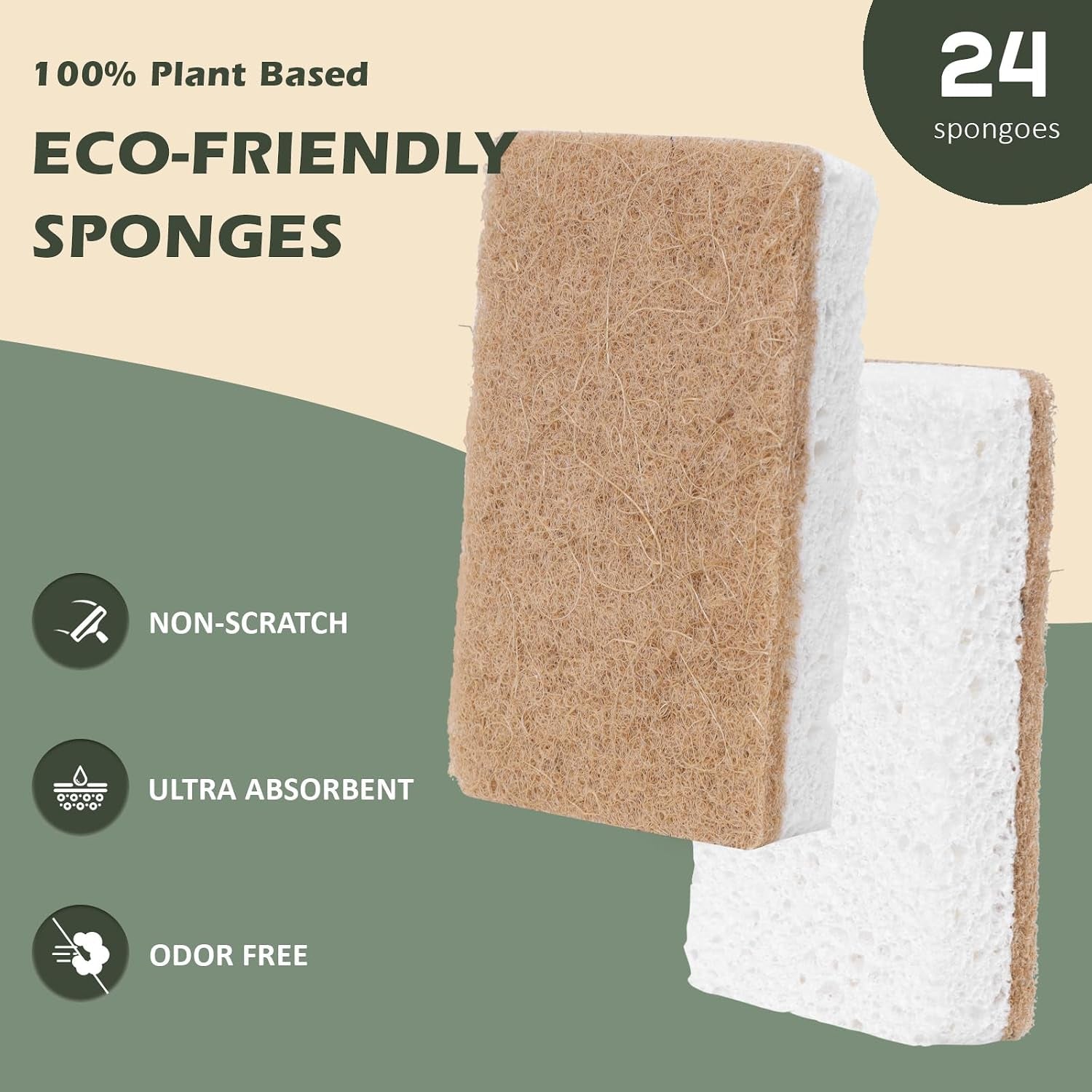 Natural Kitchen Scrub Sponges for Dishes - Plant-Based - 24 Count | Plant-Based Kitchen Sponges for Dishes and Cleaning. Gentle Scrubbing for Kitchen, Bathroom, Household. 24 Count.