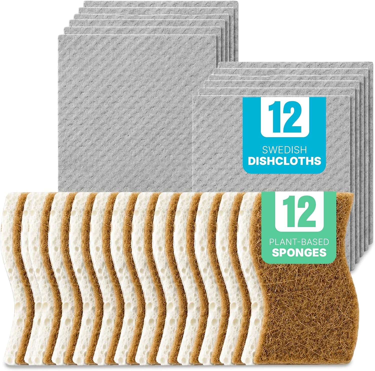 Organic Origin Swedish Dishcloths & Plant-Based Sponges - Absorbent 12 Swedish Dishcloths and 12 Plant-Based Sponges - Reusable Paper Towels & Cellulose Scrubber Set for Kitchen Cleaning (24 Pack)