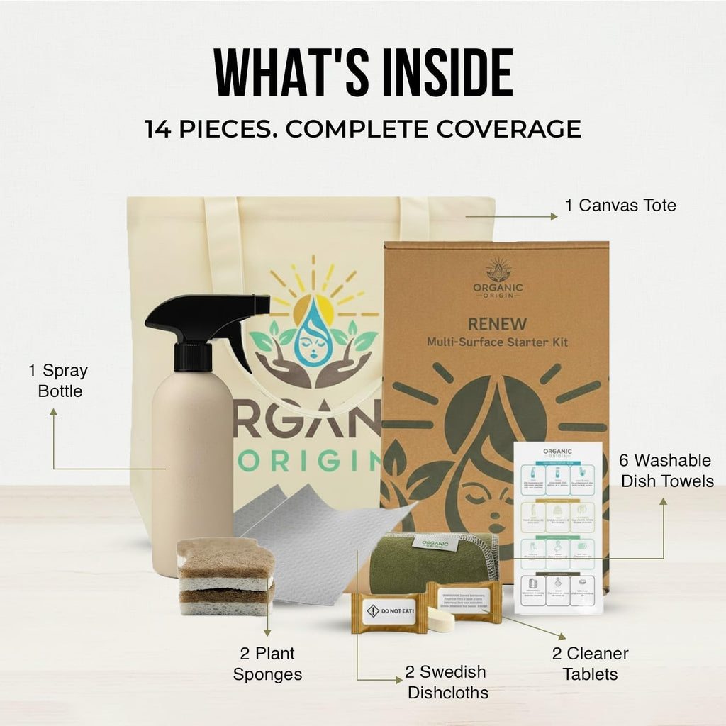 Organic Origin Kitchen Cleaning Supplies Kit - 14 Piece Set with Reusable Paper Towels, Plant-Based Sponges, Swedish Dishcloths, Dish Towels, Cleaner Tablets & Spray Bottle Cleaning Essentials
