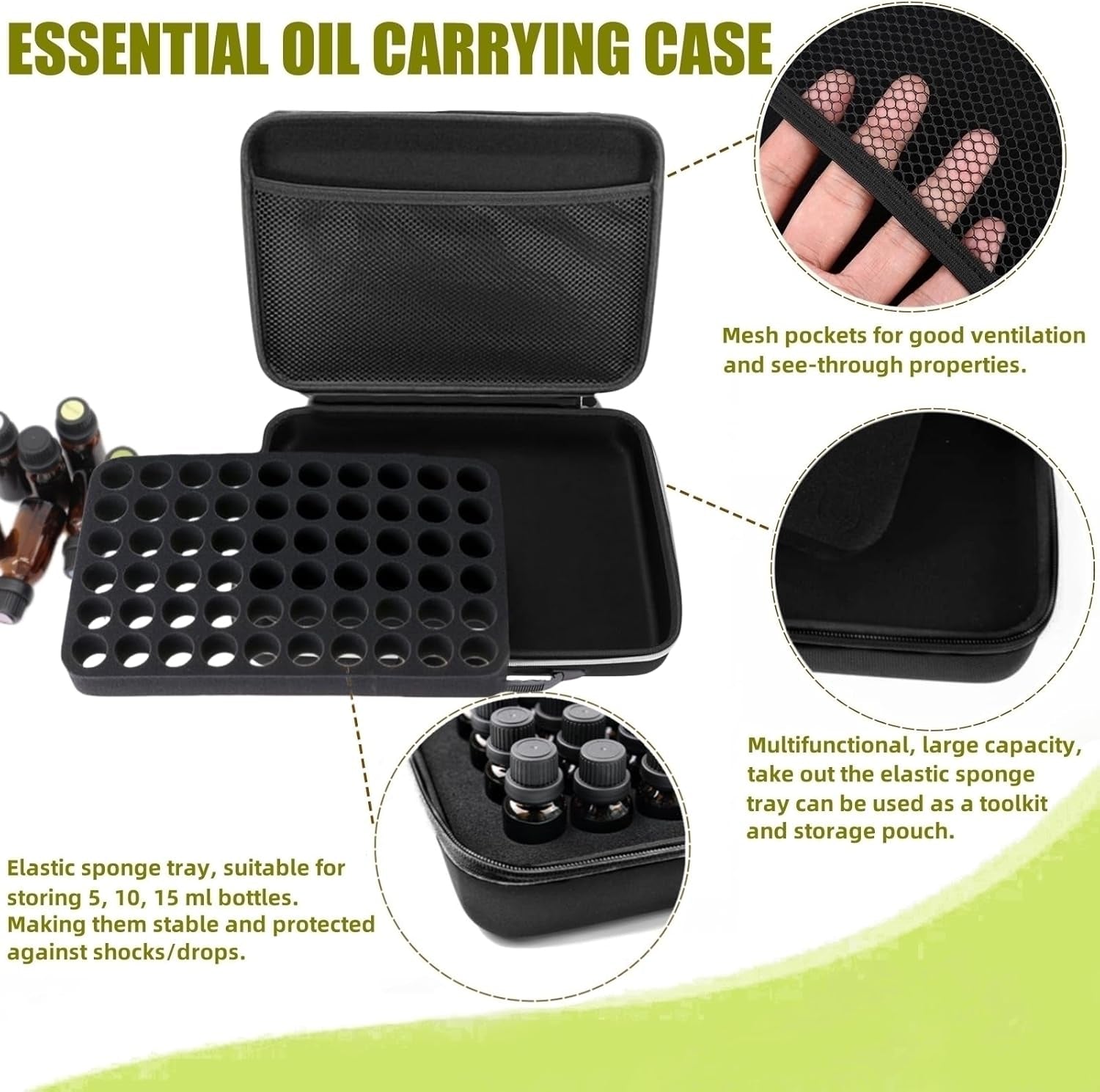 60 Bottles EVA Essential Oils Organizer, Hard Shell Essential Oil Storage Carrying Case, Essential Oils Holder Traveling Bag with Foam Insert, Holds 5Ml,10Ml,15Ml Essential Oils (Black)