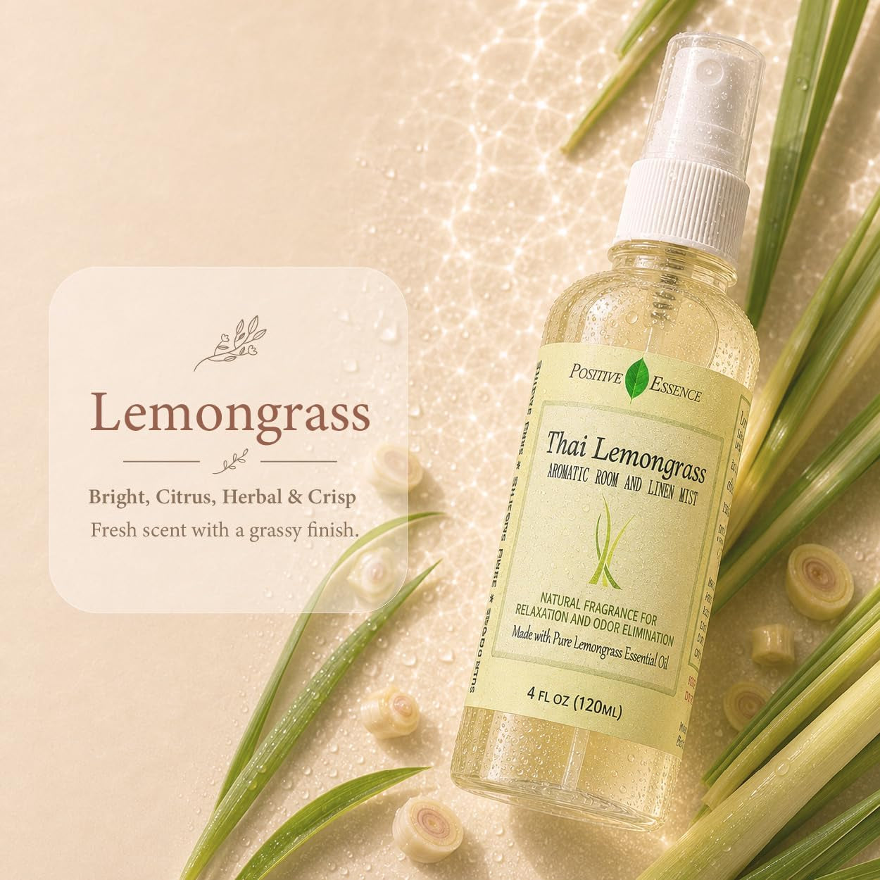 Thai Lemongrass Linen and Room Spray, Natural Air Freshener Made with Pure Lemongrass Essential Oil, Bathroom Air Freshener or Calming Pillow Spray