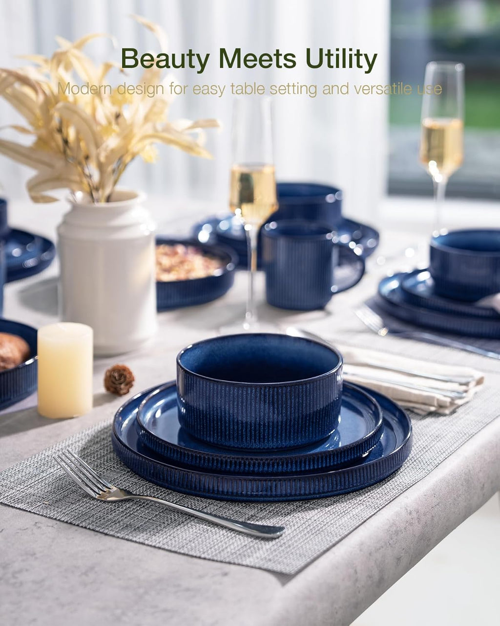 Star 24-Piece Stoneware Dinnerware Sets, Service for 6 - Reactive Glaze Mugs, Plates and Bowls, Dishes for Everyday/Formal Use, Chip/Scratch Resistant, Microwave/Dishwasher Safe, Nebulas Blue