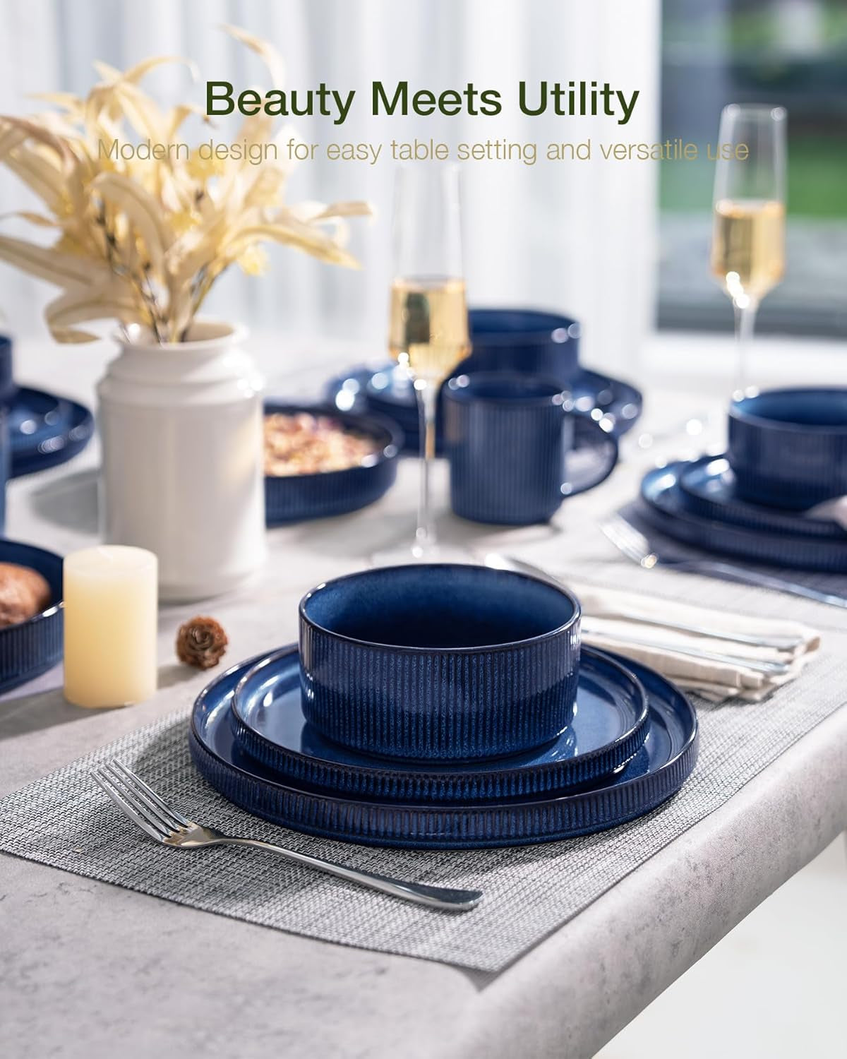 Star 24-Piece Stoneware Dinnerware Sets, Service for 6 - Reactive Glaze Mugs, Plates and Bowls, Dishes for Everyday/Formal Use, Chip/Scratch Resistant, Microwave/Dishwasher Safe, Nebulas Blue