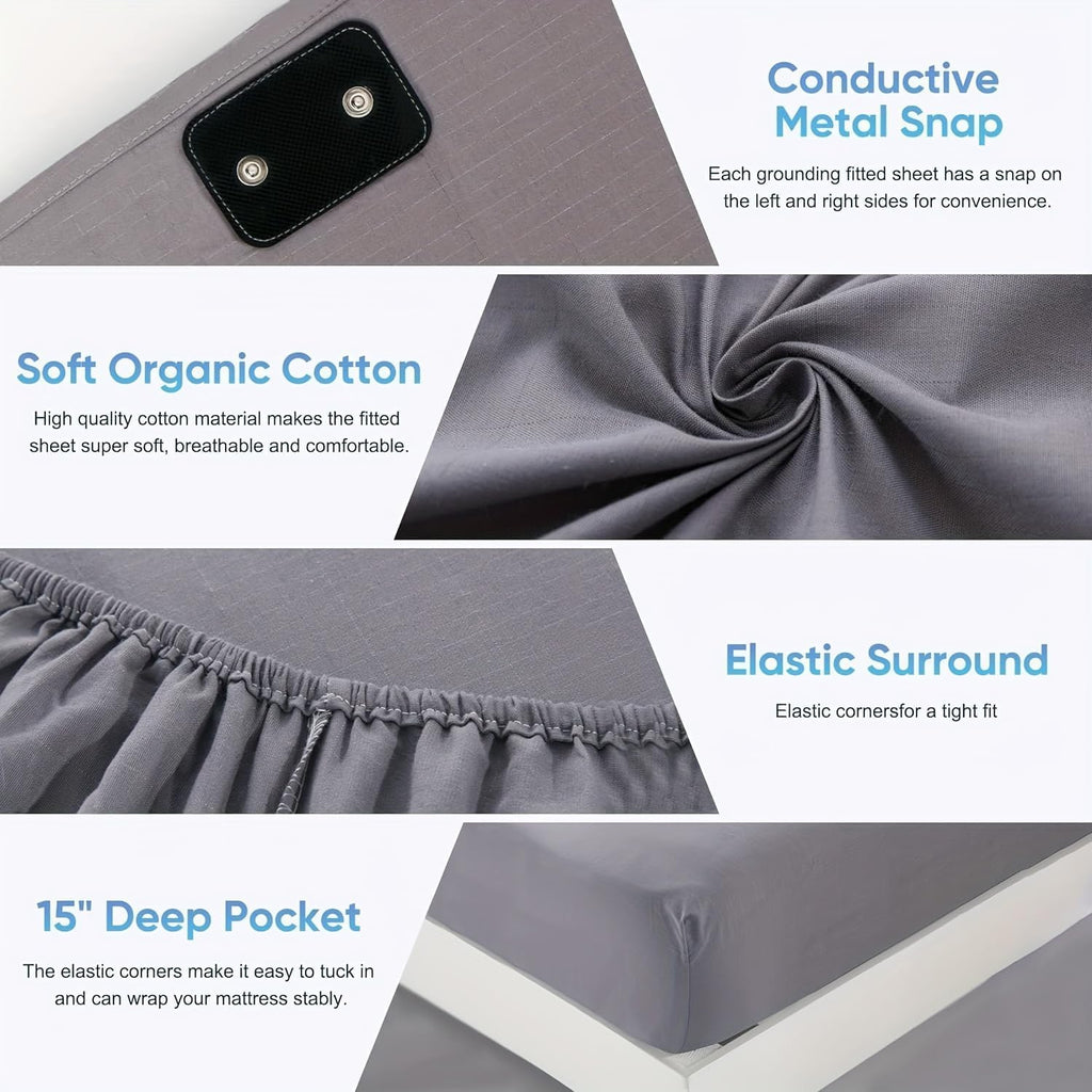 Grounding Sheets Queen Size, 95% Organic Cotton + 5% Silver Fiber, Earthing Bed Sheet with Cord - Premium Soft Breathable Fitted Sheet for Better Sleep, Deep Pocket (Gray)