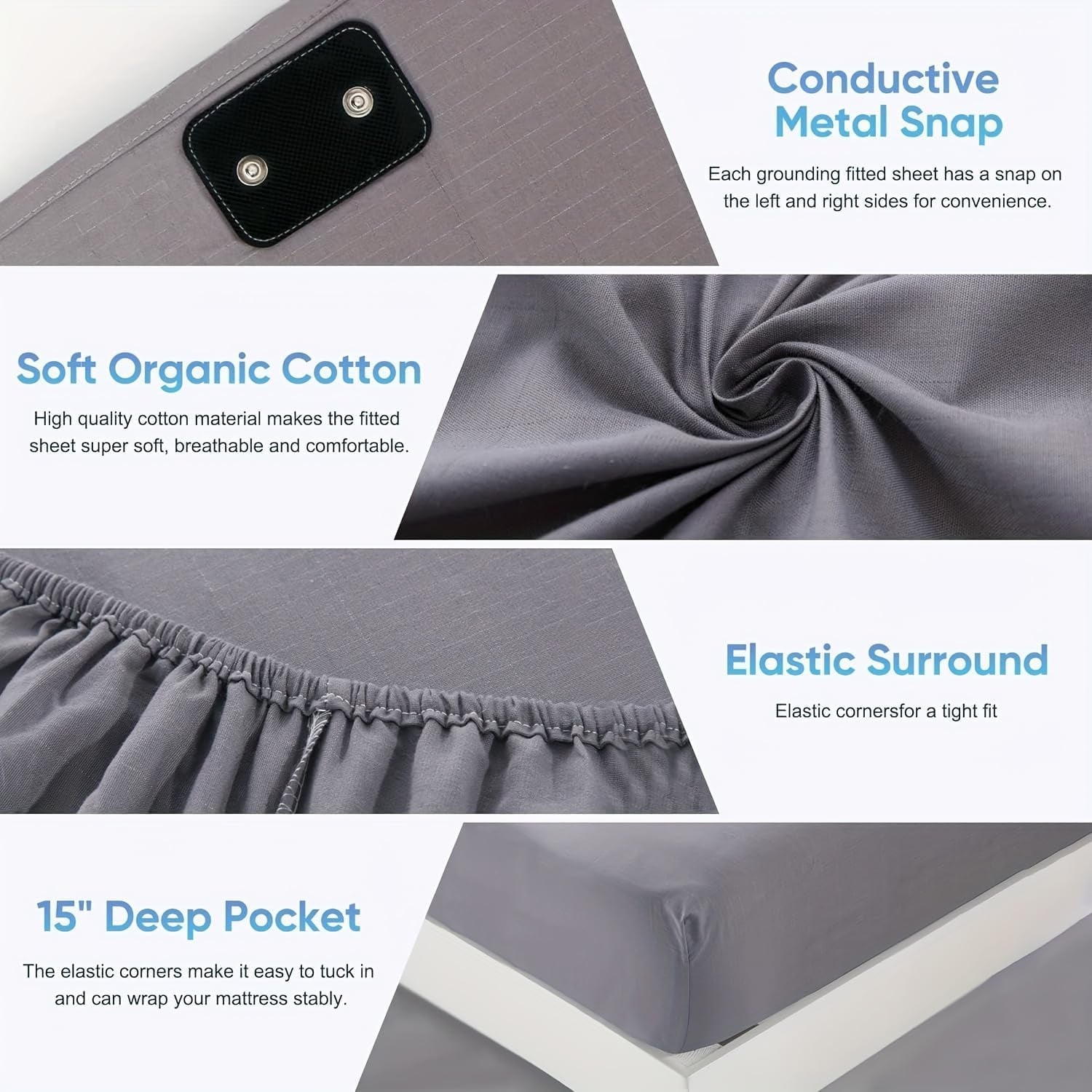 Grounding Sheets Queen Size, 95% Organic Cotton + 5% Silver Fiber, Earthing Bed Sheet with Cord - Premium Soft Breathable Fitted Sheet for Better Sleep, Deep Pocket (Gray)