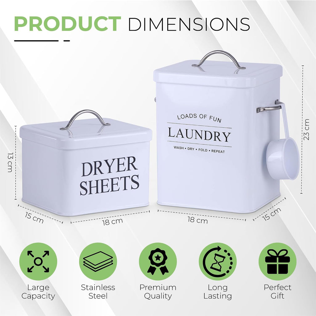 2 Pack Laundry Detergent Container and Dryer Sheet Holder Dispenser with Hermetic Seal,Farmhouse Laundry Room Organization Containers, Large Metal Laundry Detergent Powder Storage with Scoop