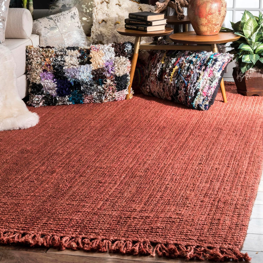 5X8 Daniela Jute Tassel Hand Woven Area Rug, Brick, Solid Chunky Farmhouse Design, Natural Fiber, for Bedroom, Dining Room, Living Room, Hallway, Office, Entryway
