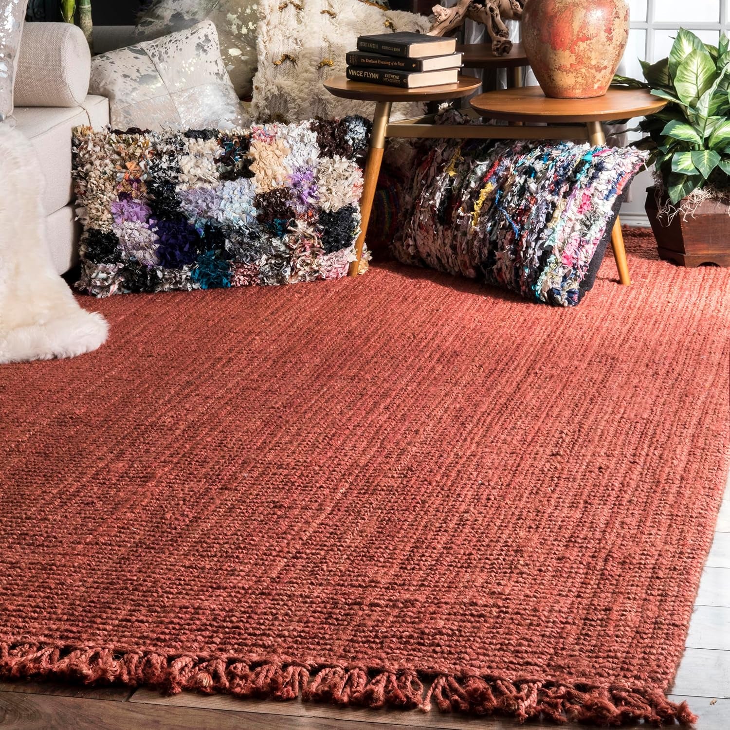 5X8 Daniela Jute Tassel Hand Woven Area Rug, Brick, Solid Chunky Farmhouse Design, Natural Fiber, for Bedroom, Dining Room, Living Room, Hallway, Office, Entryway