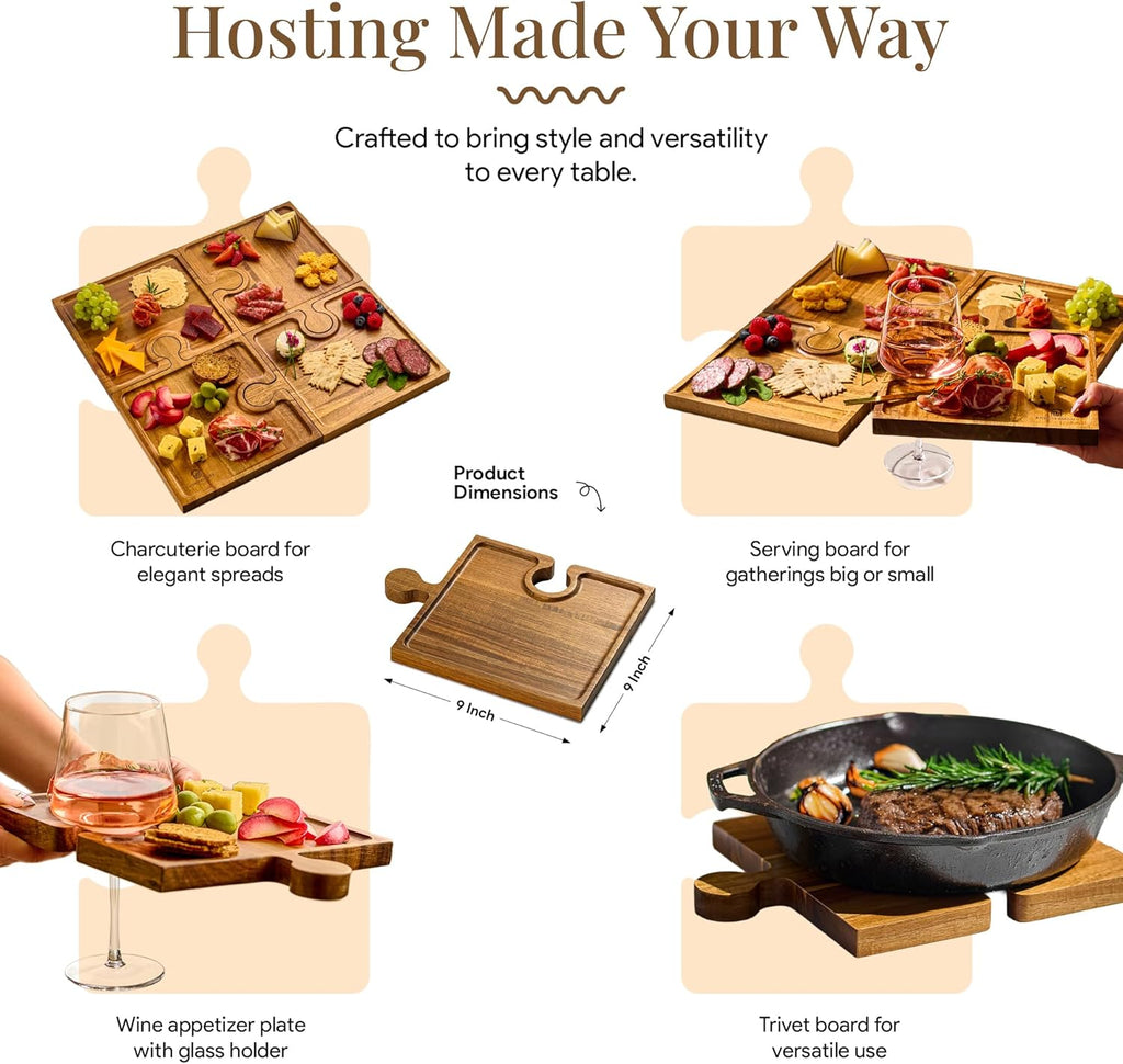 Wooden Charcuterie Boards, Appetizer Tray for Parties & Cutting Board with Handle, Set of 4, Acacia Wood Board, Wine Gifts, Wine Accessories, Interlocking Puzzle Serving Tray W/Storage Box