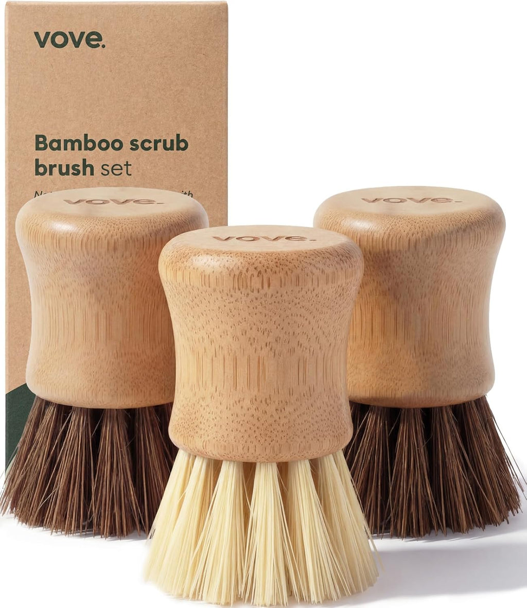 Bamboo Dish Scrub Brush Set, 3-Pack Plastic-Free Kitchen Brushes for Dishes Pots and Cast Iron, Fsc-Certified Bamboo with Natural Sisal and Union Fiber Bristles, 2 Hard and 1 Medium Brush