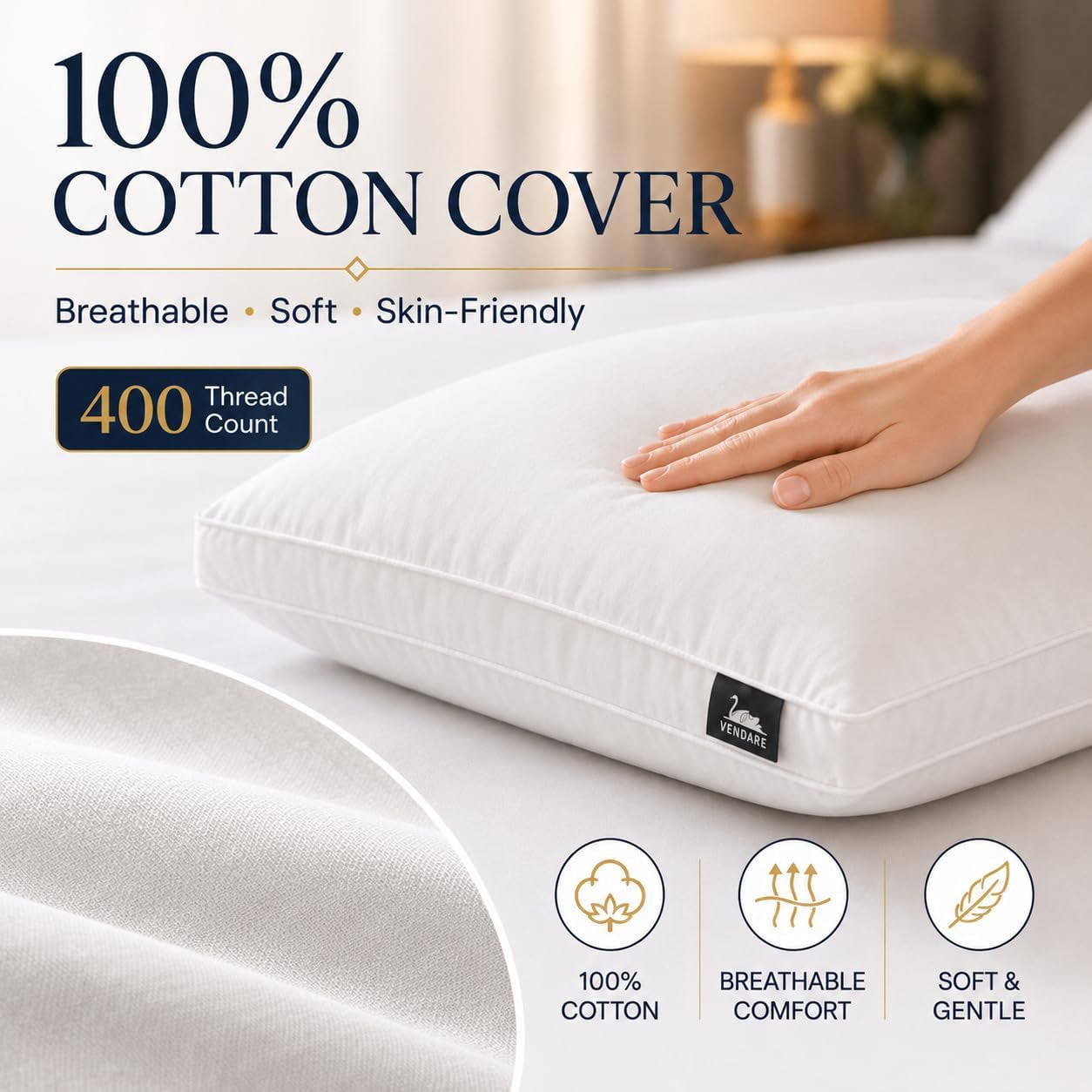Queen Size Goose down Pillows Set of 2 - Hypoallergenic Bed Pillows 500 Fill Power with 100% Cotton Cover, Medium Firm Support