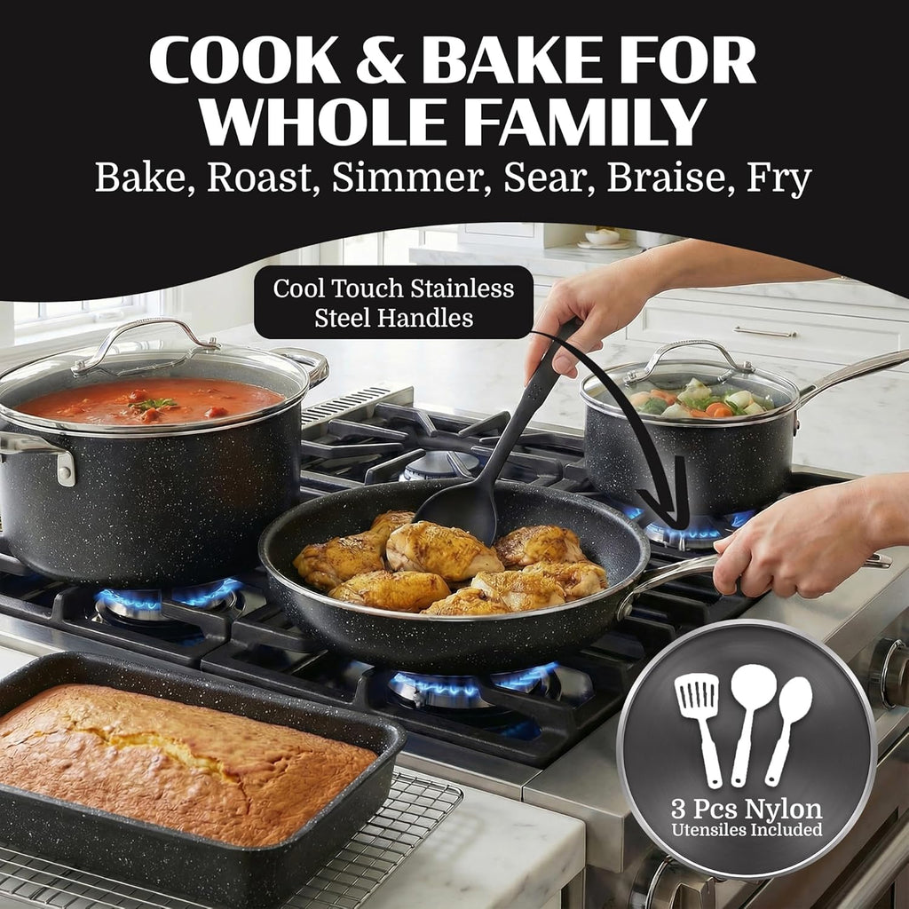Ceraluxe 20 Pc Ceramic Cookware Set Nonstick, Complete Pots and Pans Set Non Stick for Kitchen with Bakeware, Utensils & Steamer, Non Toxic Made without PFOA PFOS, Oven & Dishwasher Safe