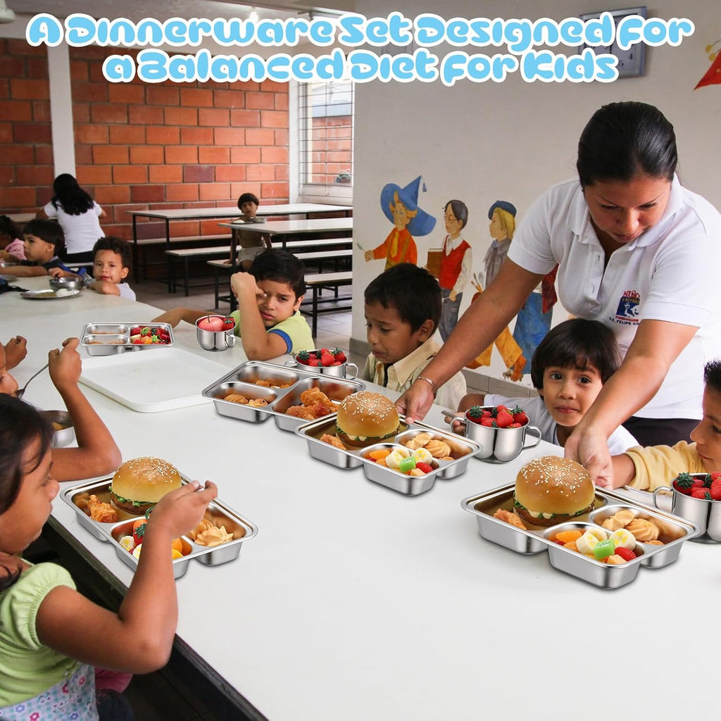 15 Pcs 304 Stainless Steel Kids Dinnerware Set Unbreakable Non-Toxic Plates and Bowls Set Divided Plates Cups Bowls Forks and Spoons 3 Compartment Dinner Dish for Babies Toddlers and Kids