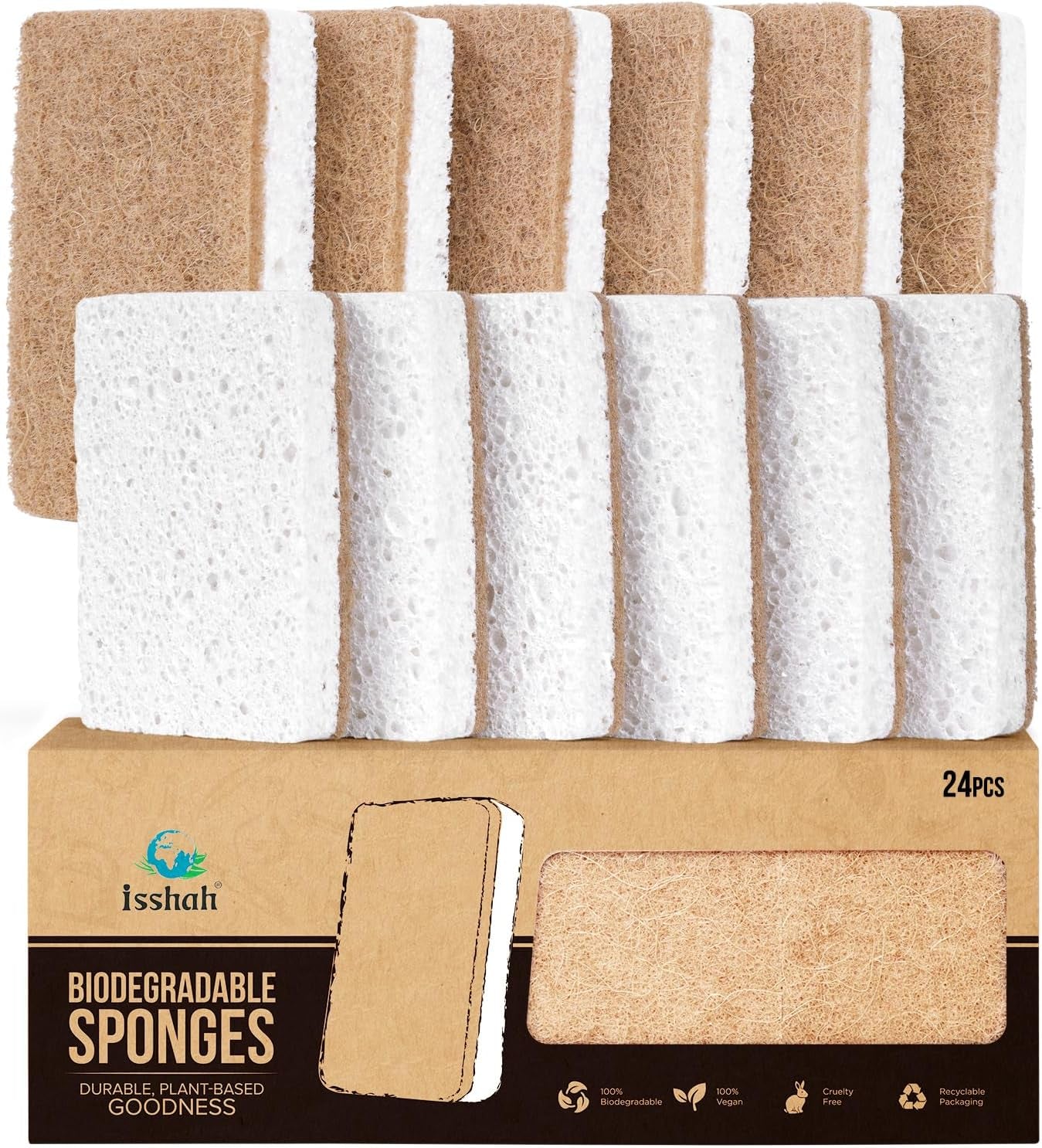 Natural Kitchen Scrub Sponges for Dishes - Plant-Based - 24 Count | Plant-Based Kitchen Sponges for Dishes and Cleaning. Gentle Scrubbing for Kitchen, Bathroom, Household. 24 Count.