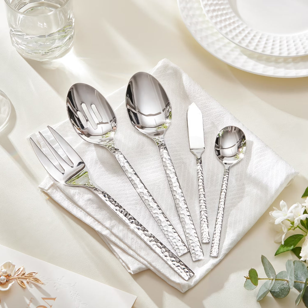 53 Pcs 18/10 Stainless Steel Silverware Set with Serving Utensils for 8, Cutlery Set with Hammered Pattern for Kitchen, Home, Restaurant, Mirror Polished & Dishwasher Safe