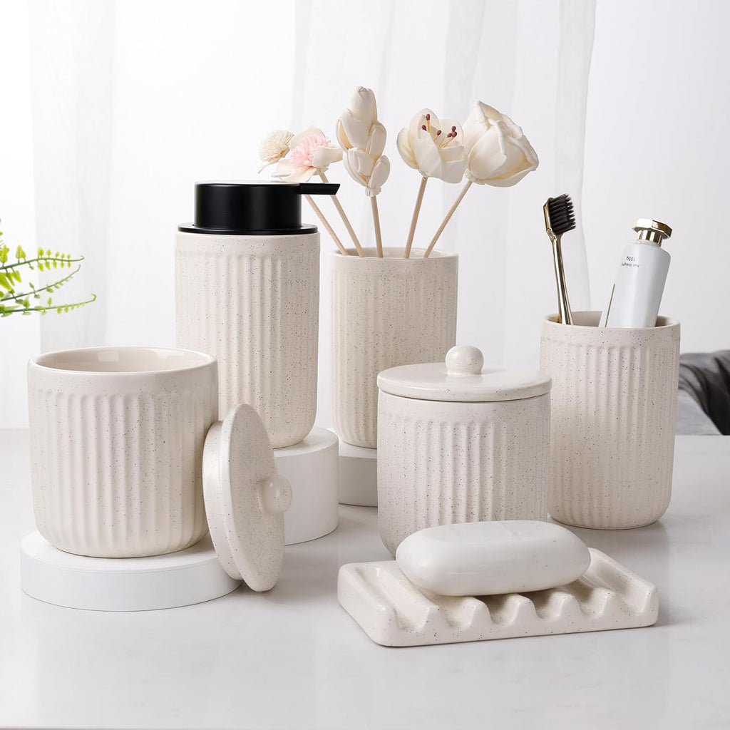Ceramic Bathroom Accessories Set - Bathroom Counter Soap Set Beige Bathroom Decor Sets Accessories Bathroom Lotion Soap Dispenser and Toothbrush Holder Set, Soap Dish, Apothecary Jars
