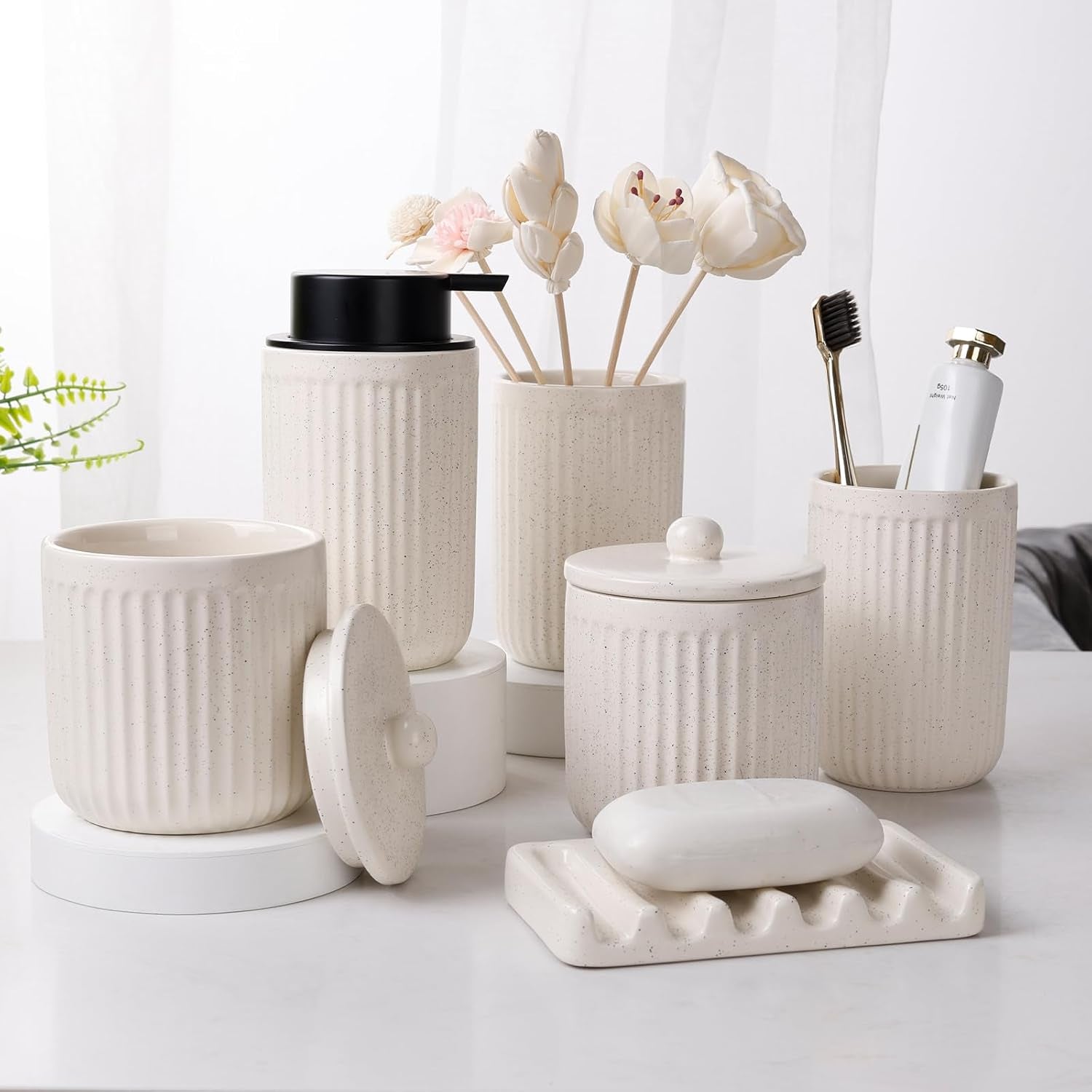 Ceramic Bathroom Accessories Set - Bathroom Counter Soap Set Beige Bathroom Decor Sets Accessories Bathroom Lotion Soap Dispenser and Toothbrush Holder Set, Soap Dish, Apothecary Jars