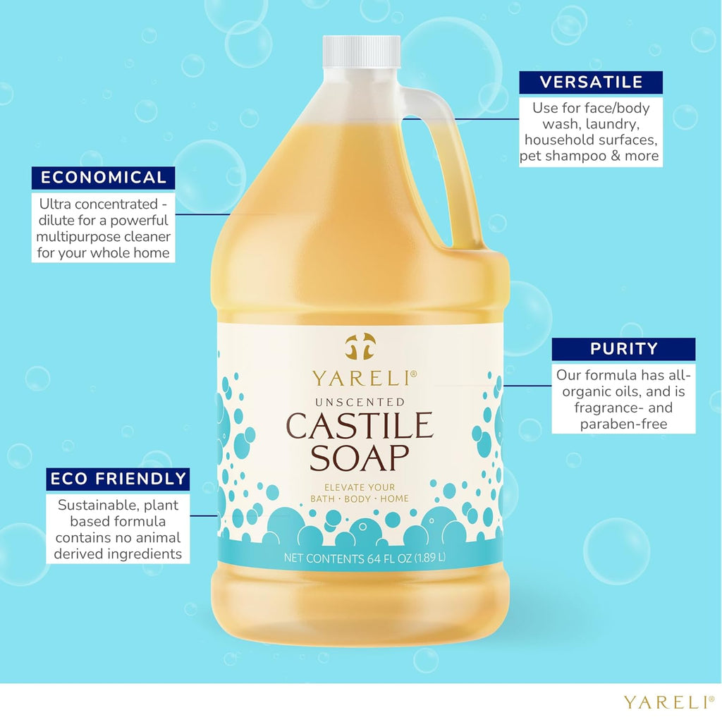 Pure Castile Soap Liquid Unscented 64Oz – EWG Verified Organic Oils, Fragrance-Free Body Wash, Castile Soap for Bath Body Home Laundry – Made in USA, Vegan
