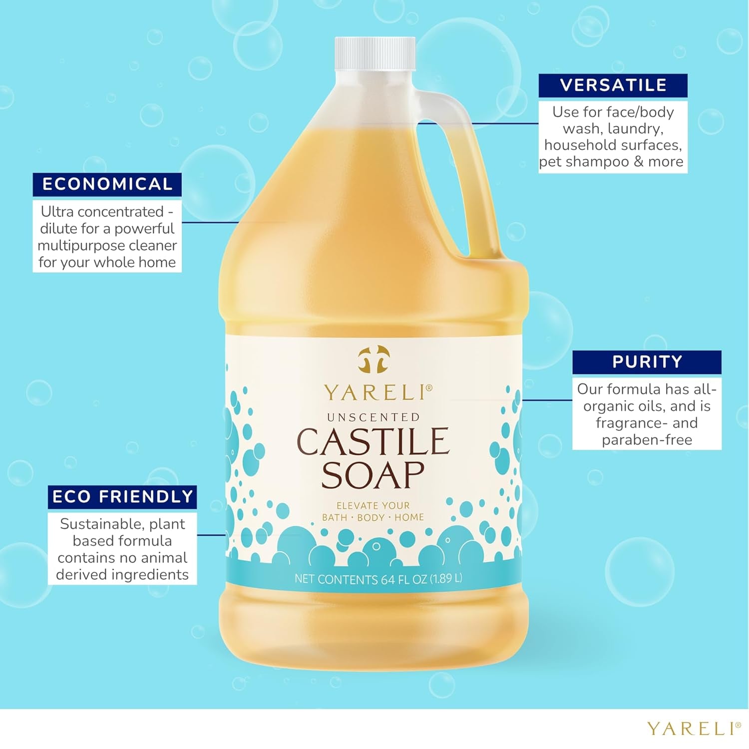 Pure Castile Soap Liquid Unscented 64Oz – EWG Verified Organic Oils, Fragrance-Free Body Wash, Castile Soap for Bath Body Home Laundry – Made in USA, Vegan