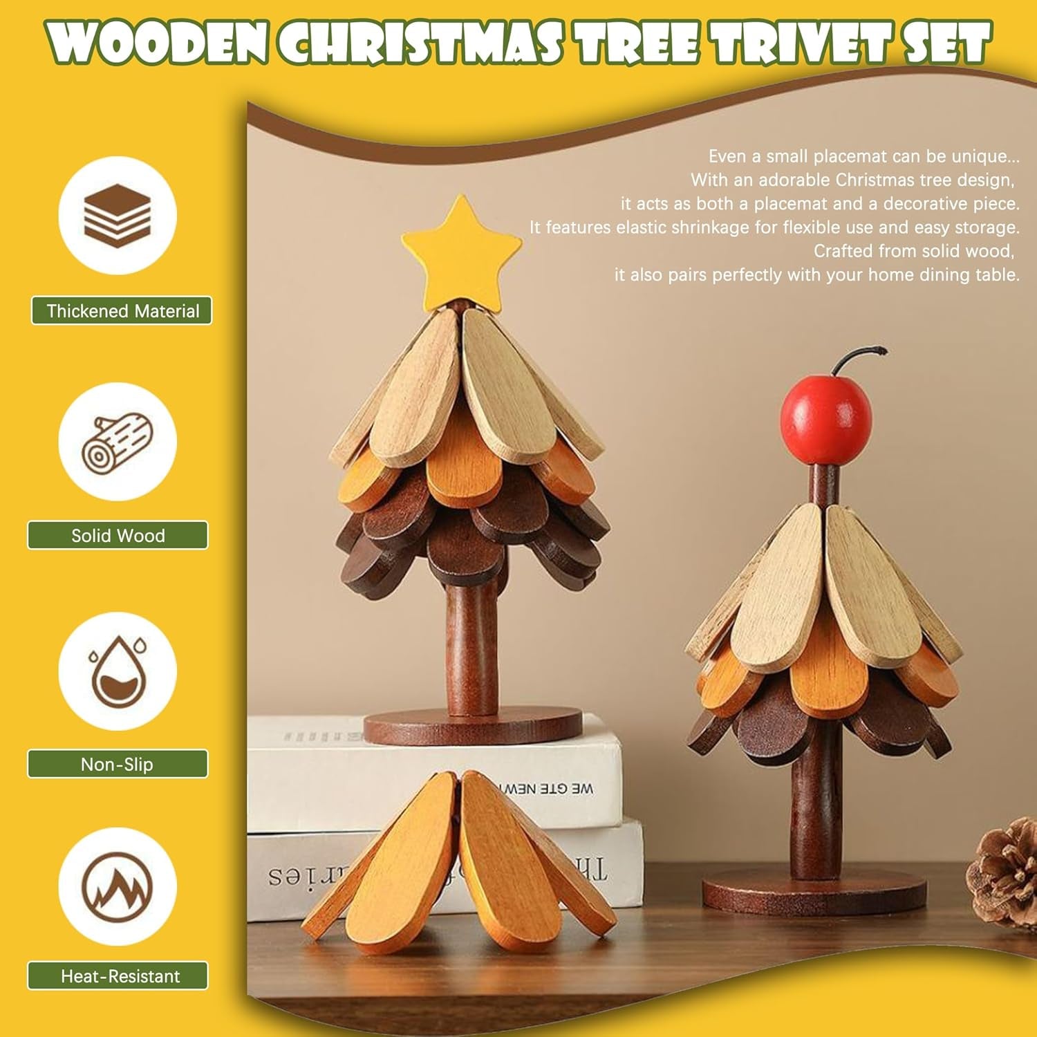Wooden Christmas Tree Trivet Set of 5 + Stand, Foldable Heat Resistant Wood Mats for Hot Dishes & Pots, Decorative Kitchen Table Countertop Protector, Holiday Home Decor & Housewarming Gift