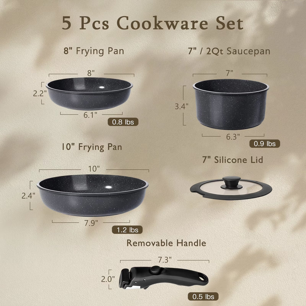 Gipp 5Pcs Ceramic Pots and Pans Set Nonstick Cookware Sets Removable Handle Kitchen,Oven Safe, Induction Ready