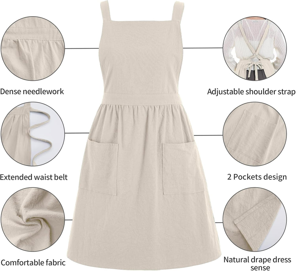 Cotton Linen Pinafore Apron Dress for Women with Pockets Cute Art Chef Aprons for Kitchen Baking Gardening Painting