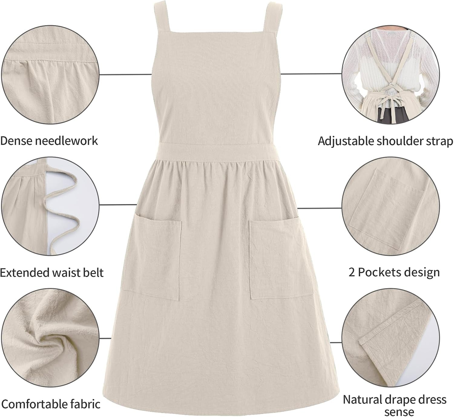 Cotton Linen Pinafore Apron Dress for Women with Pockets Cute Art Chef Aprons for Kitchen Baking Gardening Painting
