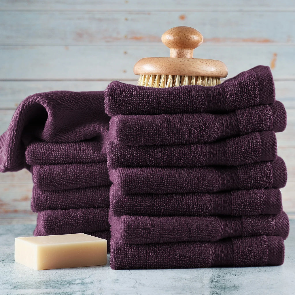Bath Towel Collection, 100% Cotton Luxury Set of 12 Multipurpose Wash Cloths - Purple