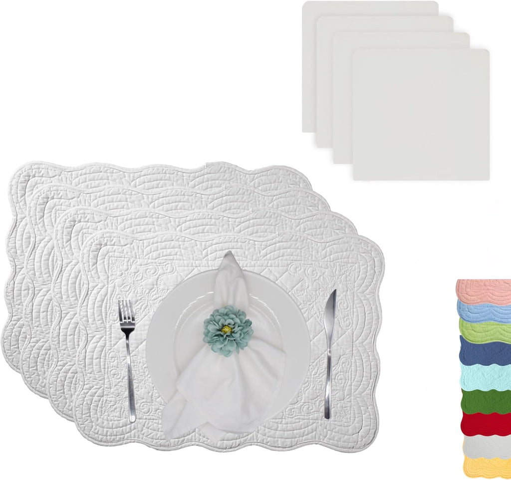 Quilted Cotton Placemats Set of 4 with Matching Napkins – Seasonal Table Linen Collection, Warm Ivory (All Season Base)