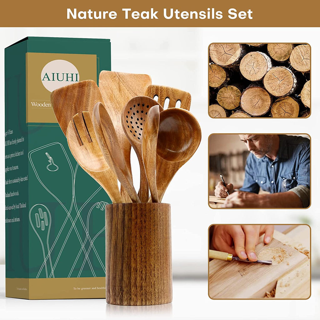 10 Pack Wooden Utensils for Cooking, Wood Utensil Set for Kitchen, Teak Wooden Spoon for Cooking, Non-Stick Spatula Ladle