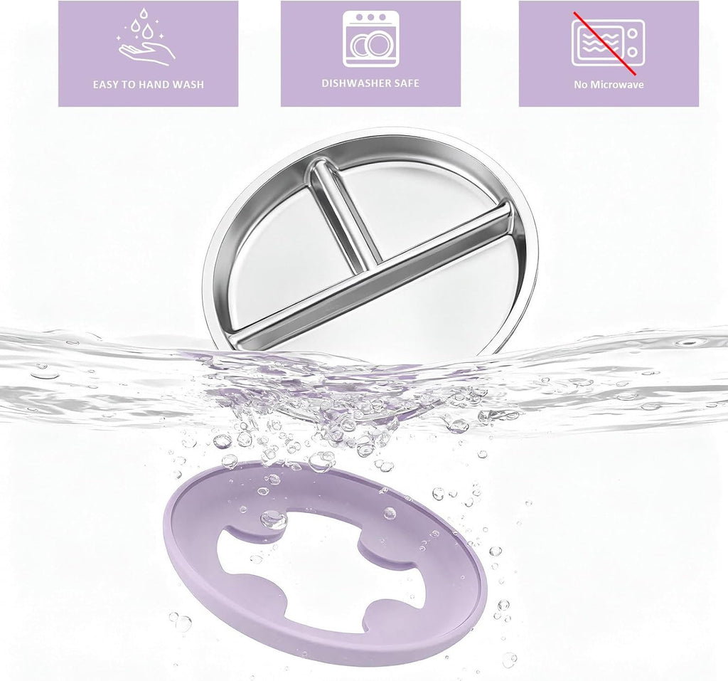 Stainless Steel Suction Plates for Toddlers, 9" Divided Kids Baby Plates with Removable Silicone Suction, Non Toxic Non Slip Portion Control Snack Dishes 3 Packs, Pink Beige Lilac
