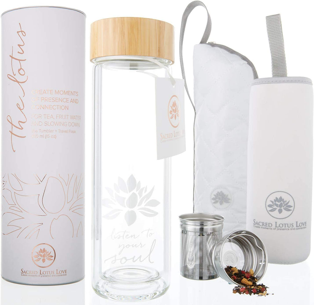 Double-Walled Glass Tea Tumbler with Infuser and Strainer 15Oz - Perfect for Loose Leaf Tea, Cold or Hot Water Bottle, Fruit Drinks - Comes with Travel Sleeve and Cozy