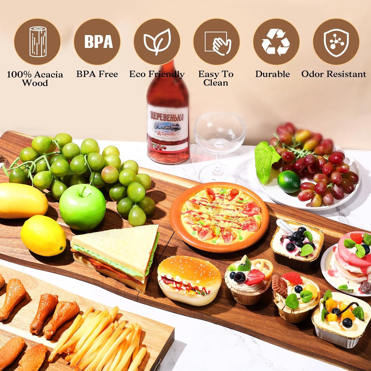 Acacia Large Charcuterie Board, Wood Charcuterie Boards with Handles Foldable Travel 33 X 12 Inch Cheese Boards Serving Board with Food Meat Party Appetizers (Large, Rectangular)