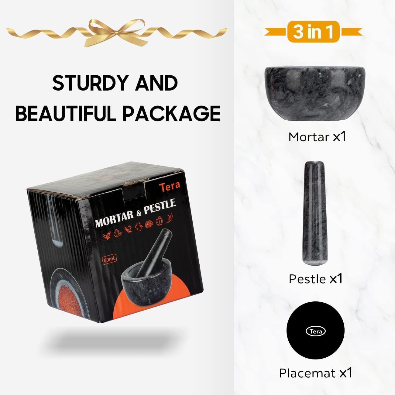 Marble Mortar and Pestle Set Large Solid Stone Grinder Spice Herb Grinder Pill Crusher (Black, Diameter 5.5")
