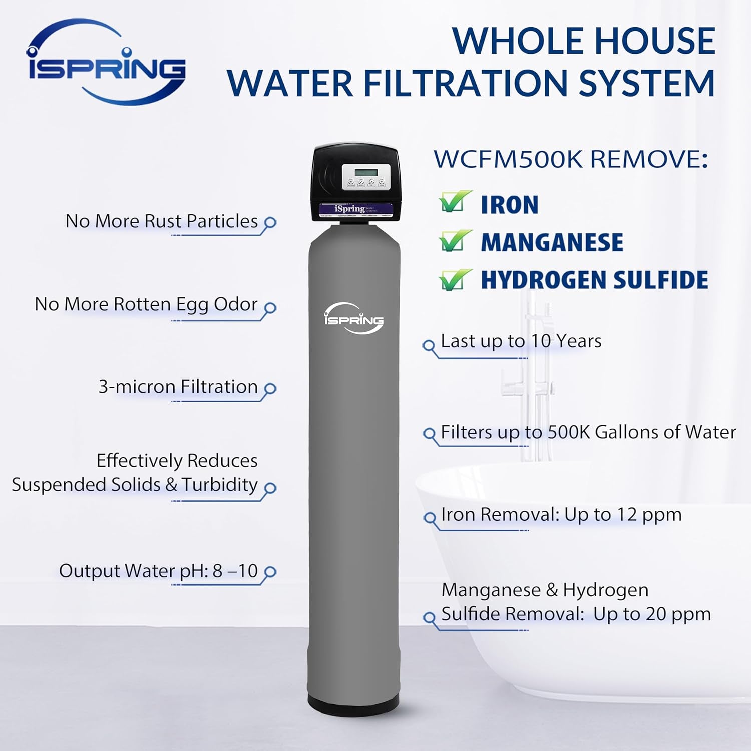WCFM500K Whole House Water Filtration System for Iron, Manganese & Hydrogen Sulfide Removal, Well Water Compatible, Set & Forget, Lasts up to 10 Years
