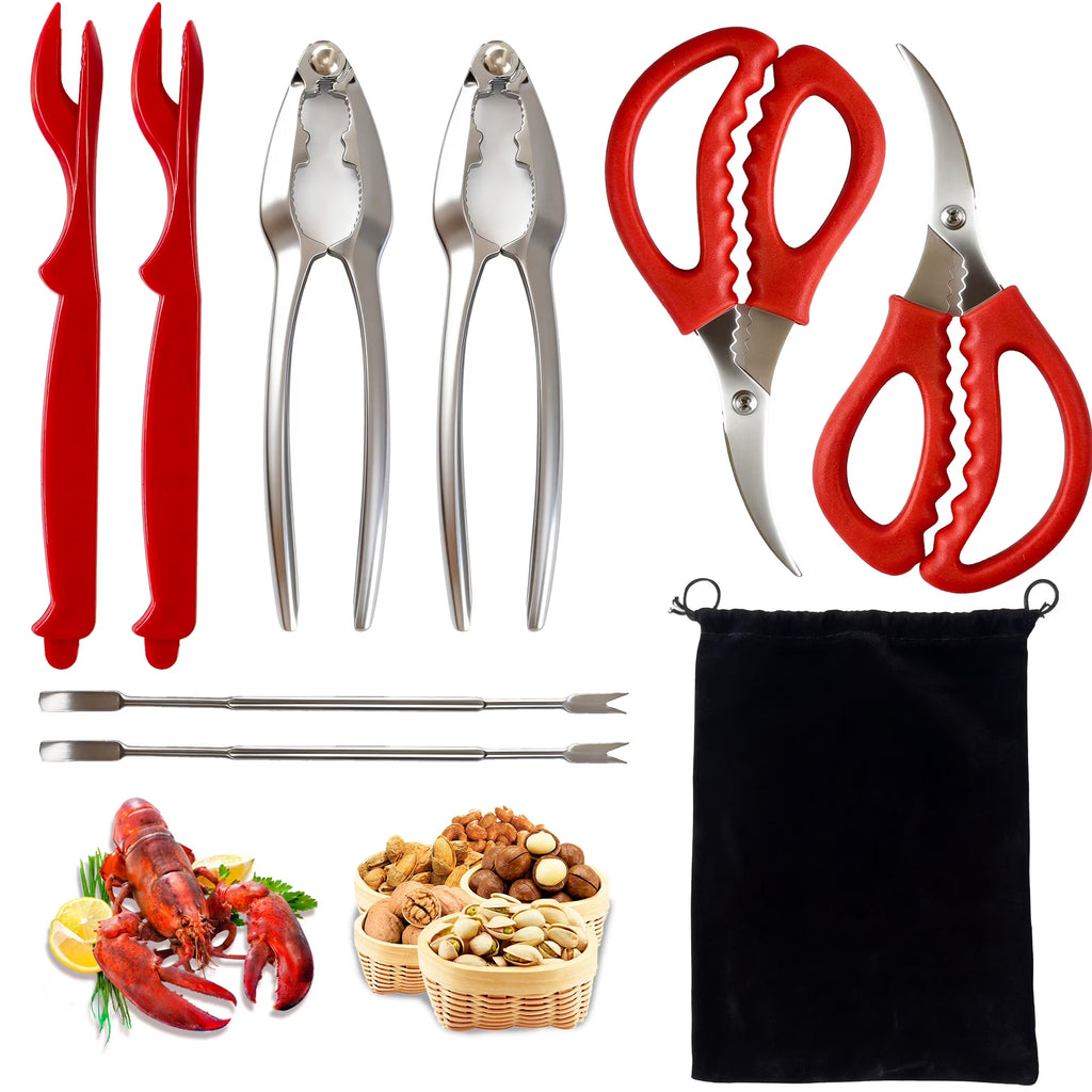 Seafood Cracker Tool Set with Lobster Sheller Stainless Steel Crab Crackers Crab Leg Fork Seafood Scissors and Storage Bag, Crab Leg Pick Utensils Set Crab Eating Tools (9Pcs)